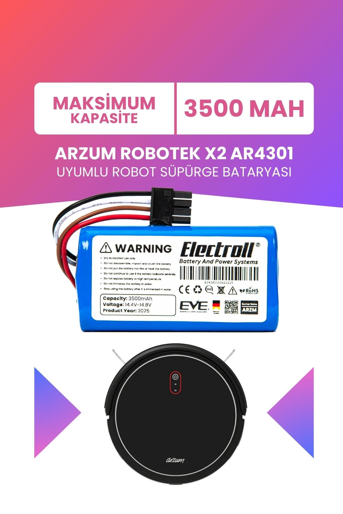 Arzum Robotek X2 Ar4301 Uyumlu Batarya (ULTRA YÜKSEK KAPASİTE) 3500mah Pil Robot Süpürge Bataryası