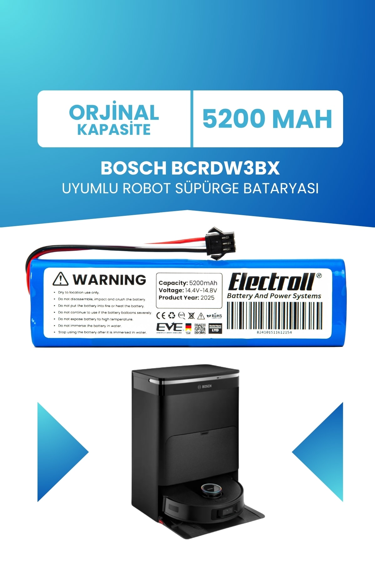 Bosch BCRDW3BX Uyumlu Batarya (STANDART KAPASİTE) 5200mah Pil Şarjlı Robot Süpürge Bataryası Tamir, Revizyon ve Pil Yenileme
