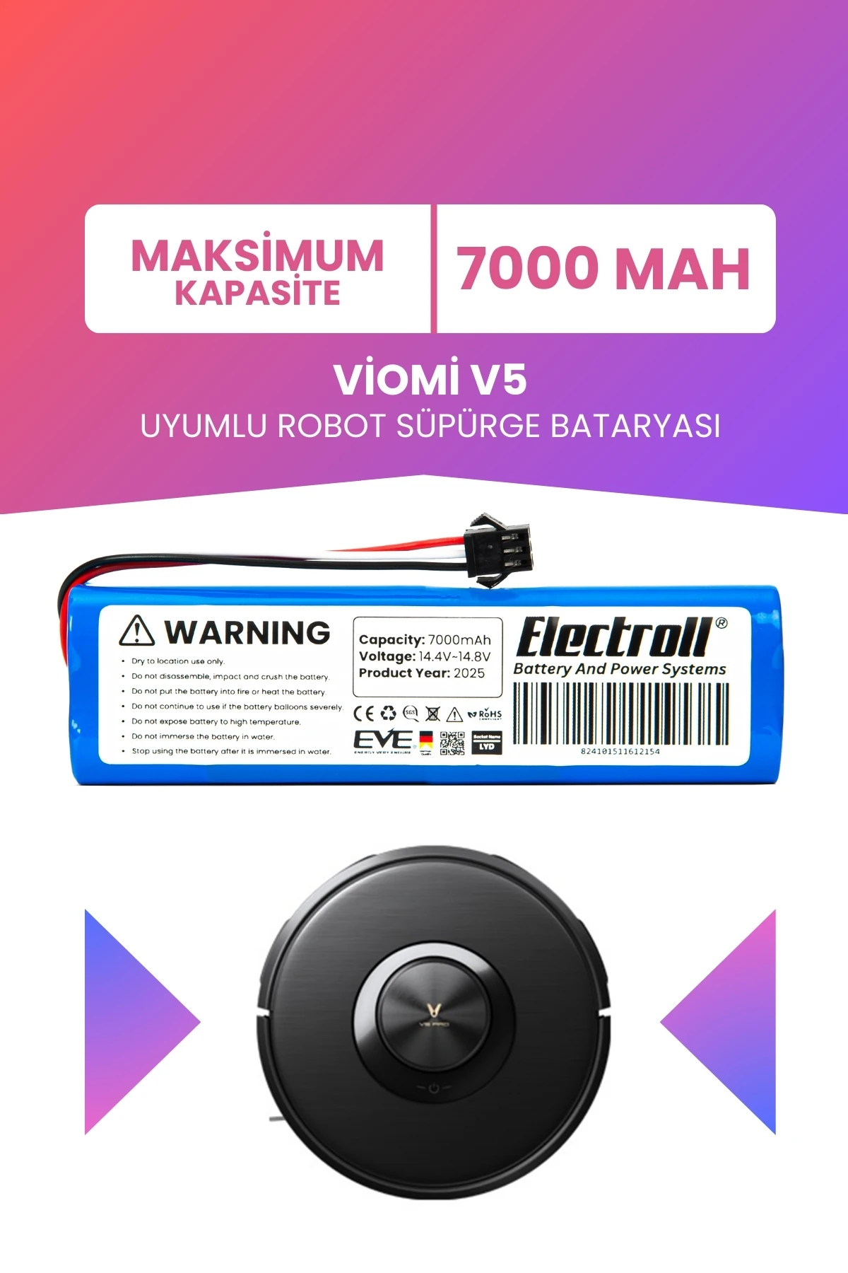 Viomi V5 Uyumlu Batarya (MAKSİMUM KAPASİTE) 7000mah Pil Robot Süpürge Bataryası Değişimi