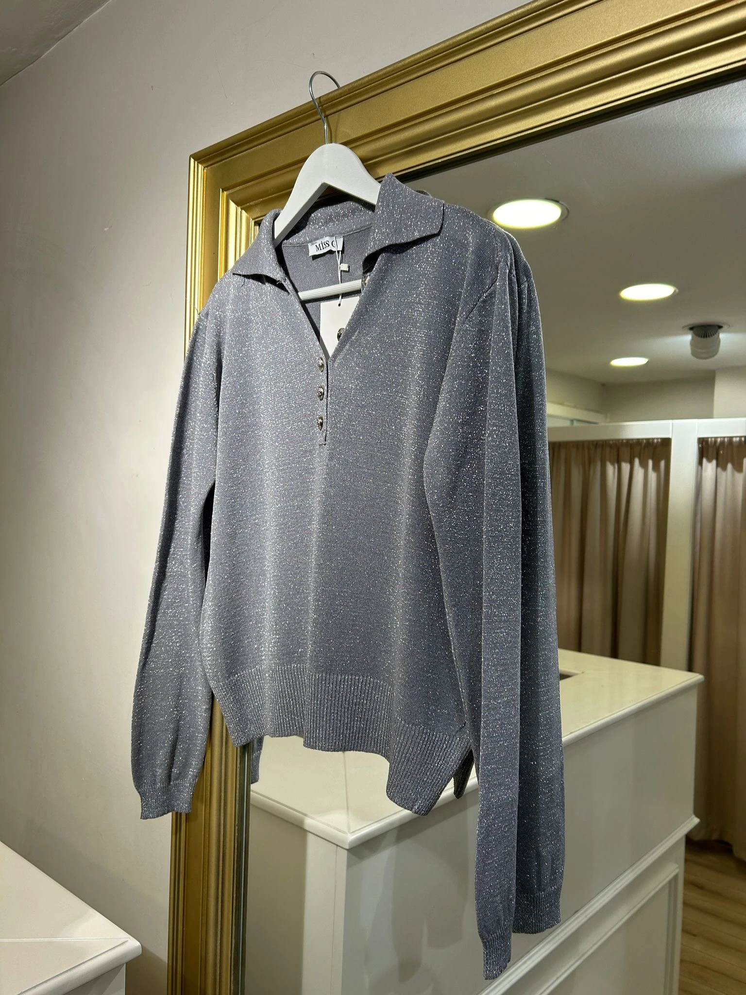 Simli Polo Yaka Uzun Kollu Triko - Gri