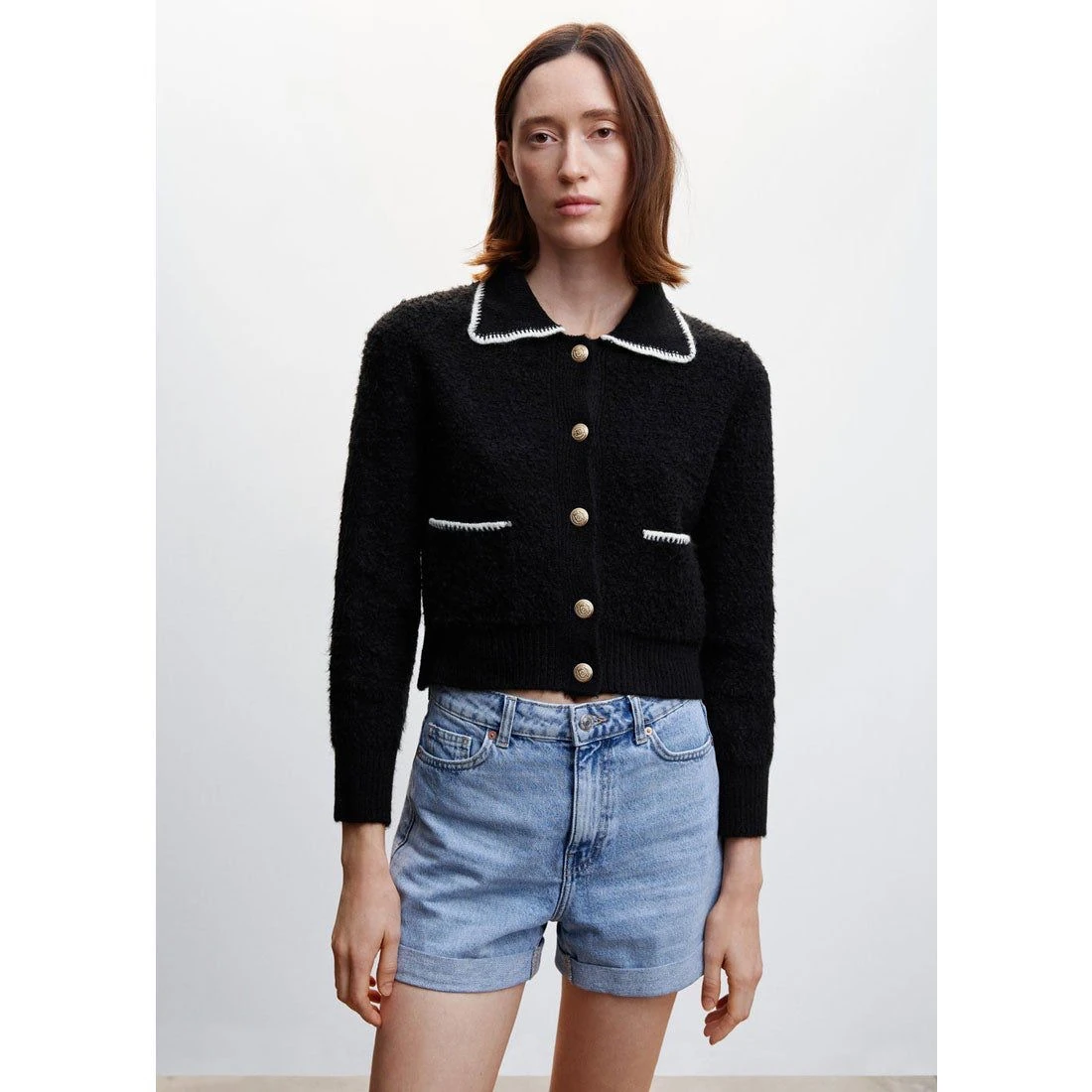 Orj Marka Mng Nakış Detaylı Gold Düğmeli Hırka - Siyah