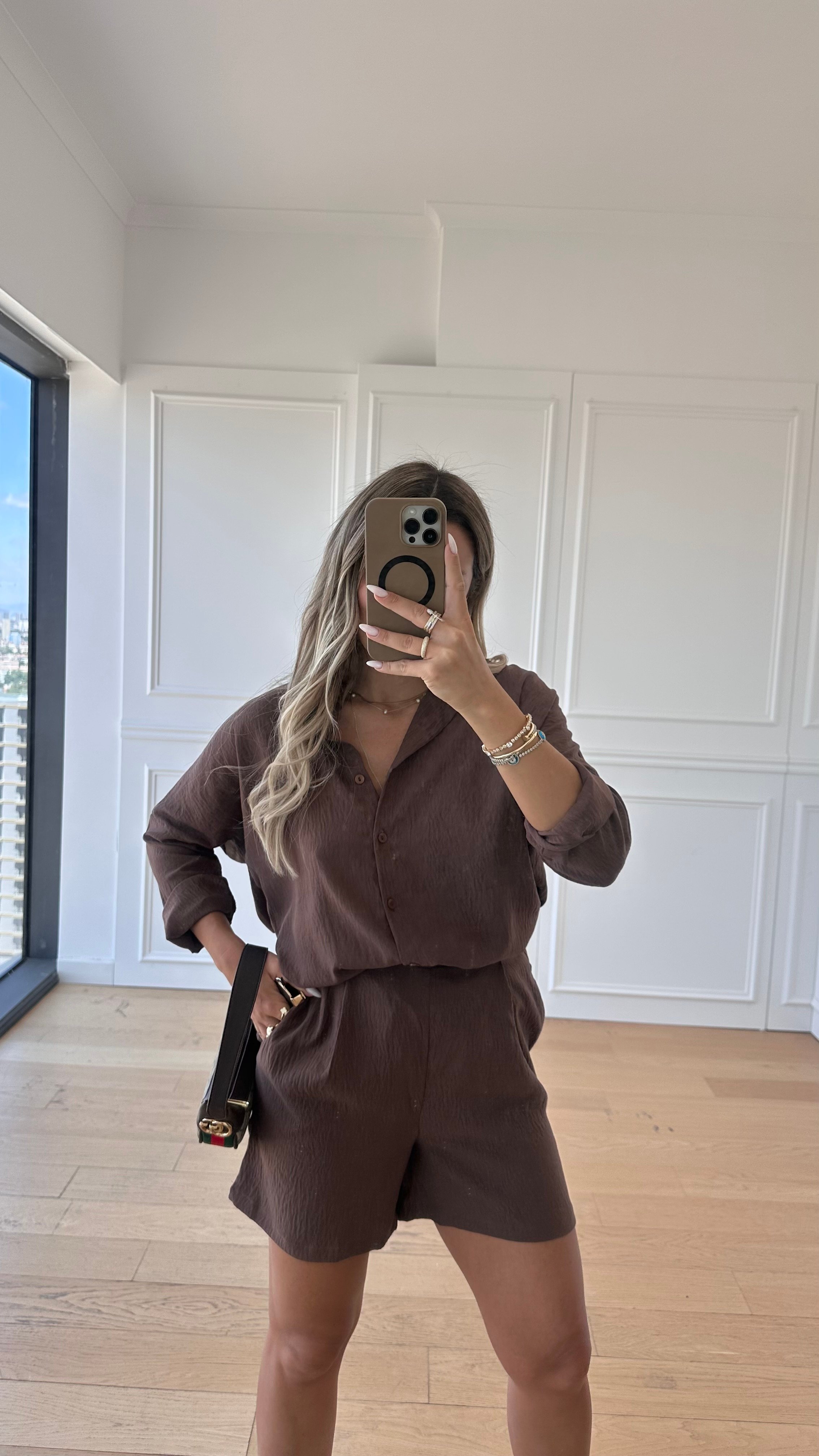 Zr Model Gömlek Şort Takım - Kahverengi