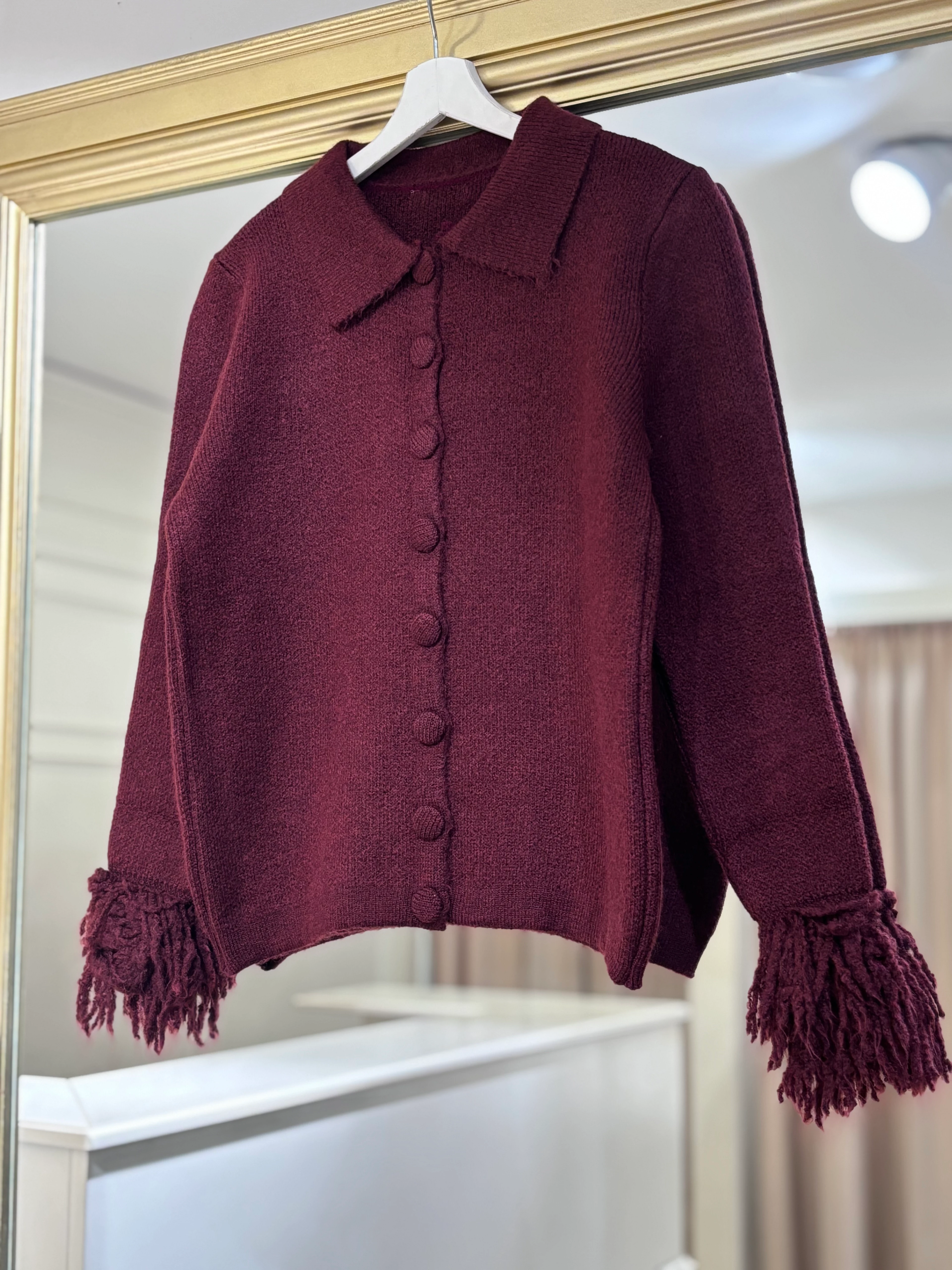 Kolları Püskül Detaylı Düğmeli Hırka - Bordo