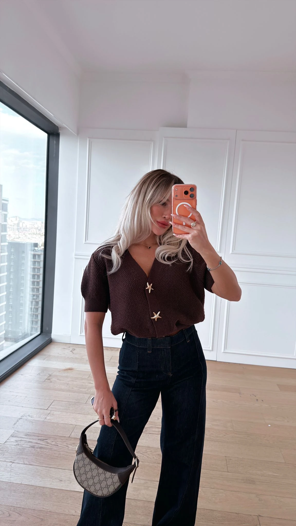 Yıldız Düğme Detaylı Kısa Kollu Triko Hırka- Kahve