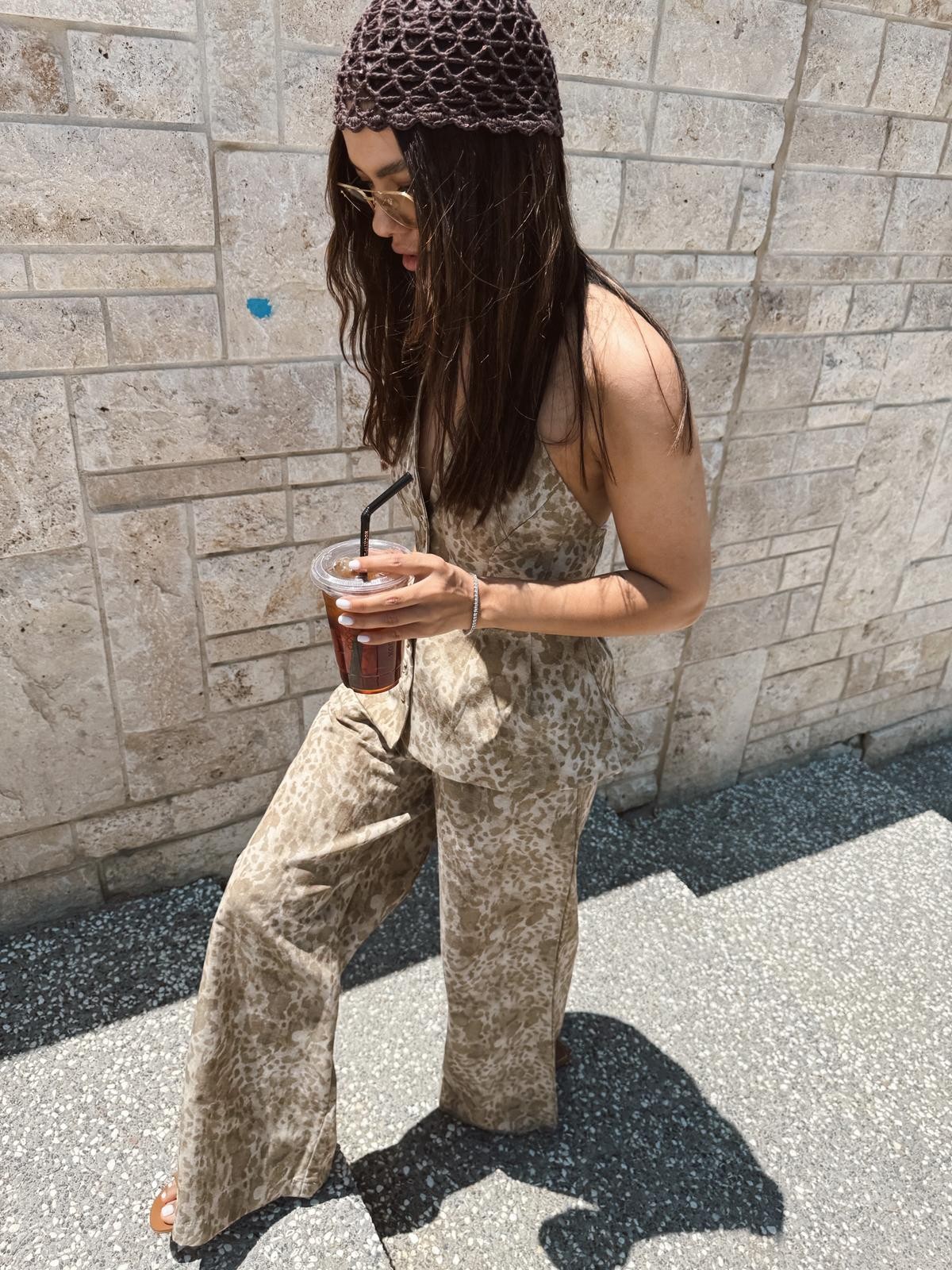 Leopar Desenli Keten Yelek Pantolon Takım 