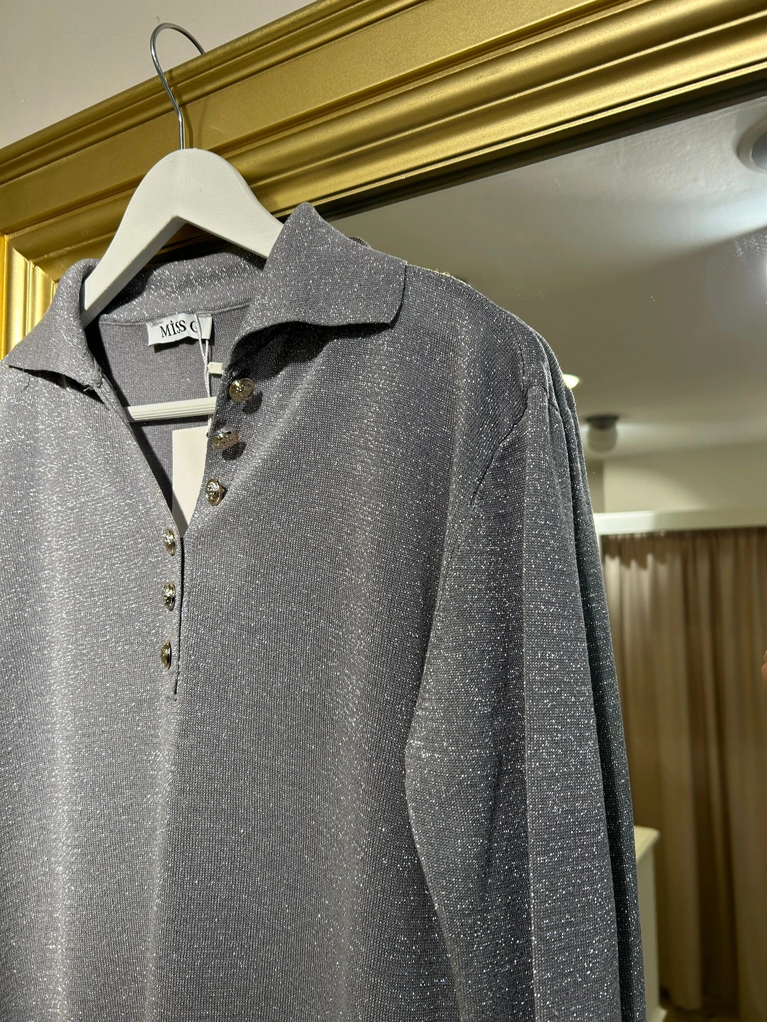 Simli Polo Yaka Uzun Kollu Triko - Gri