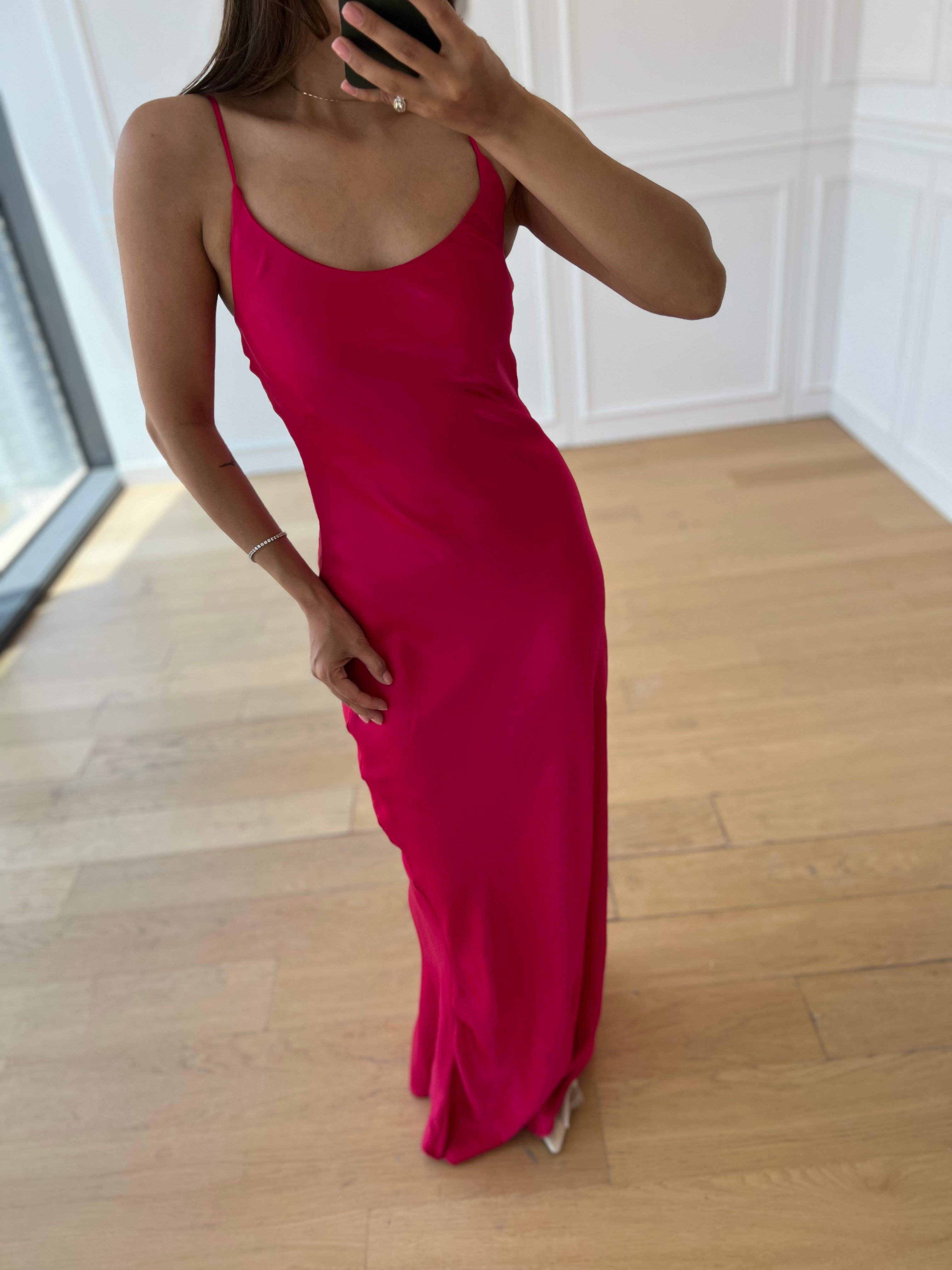 Flower Pembe İp Askılı Saten Elbise