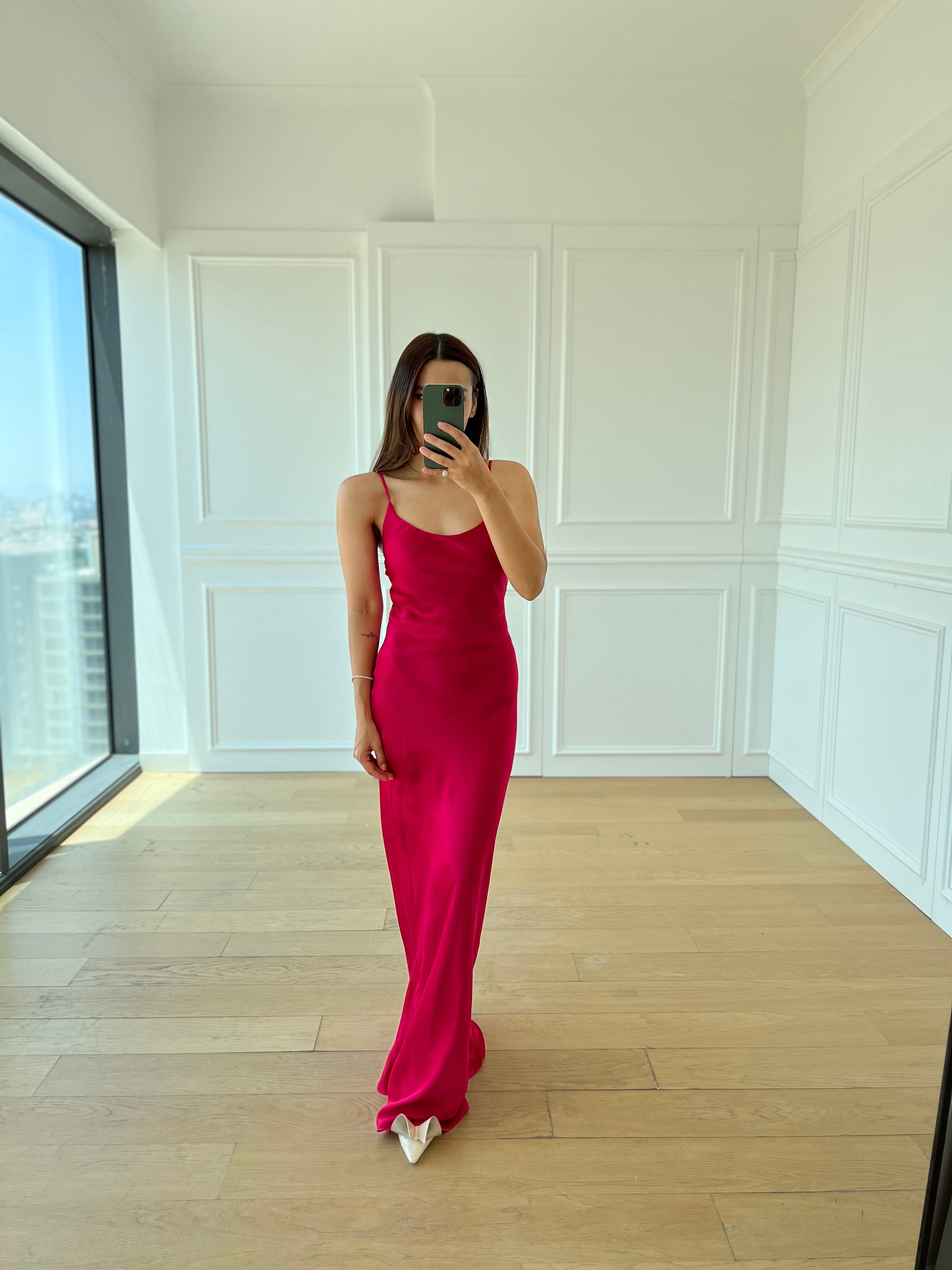 Flower Pembe İp Askılı Saten Elbise