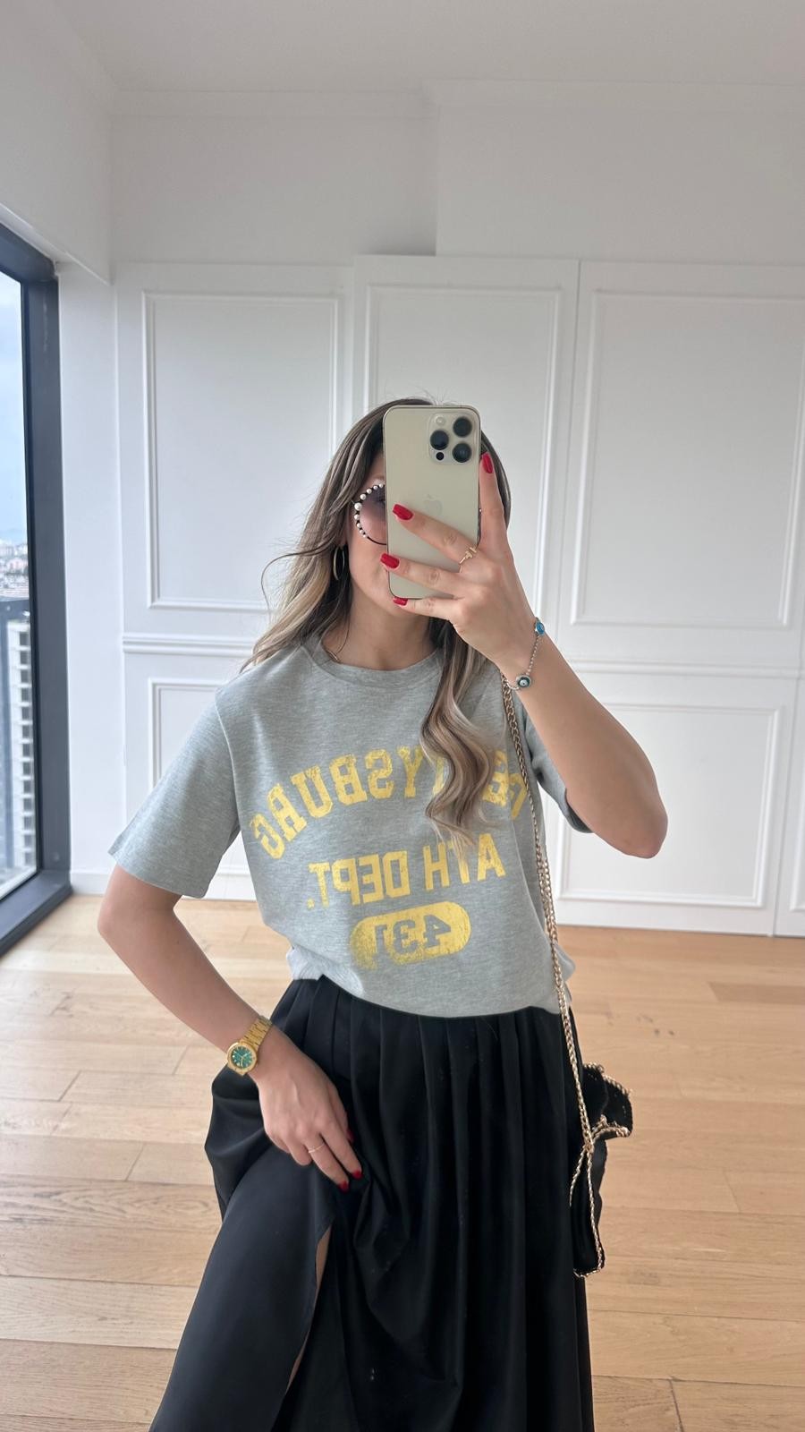 Sarı Baskılı Gri Oversize T-shirt
