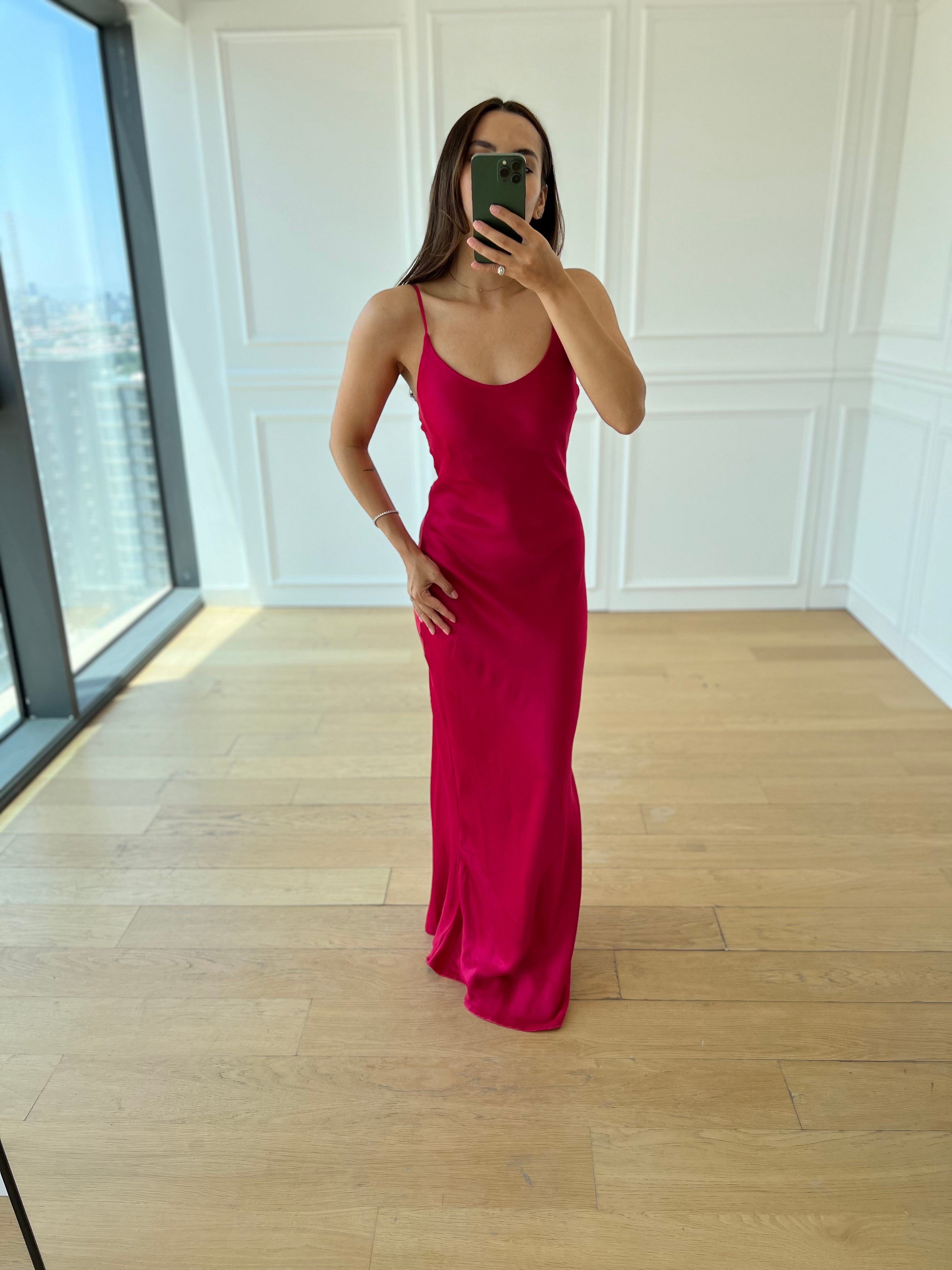 Flower Pembe İp Askılı Saten Elbise