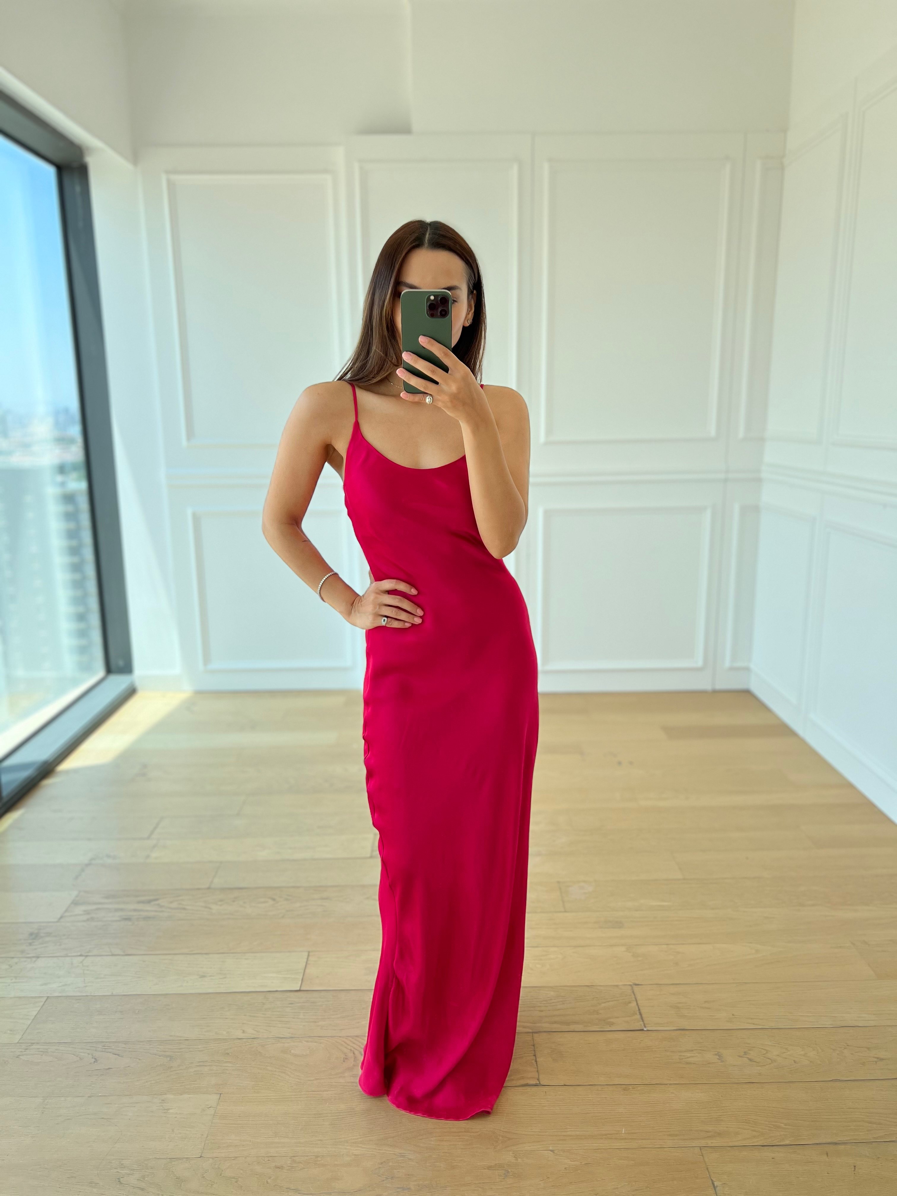 Flower Pembe İp Askılı Saten Elbise