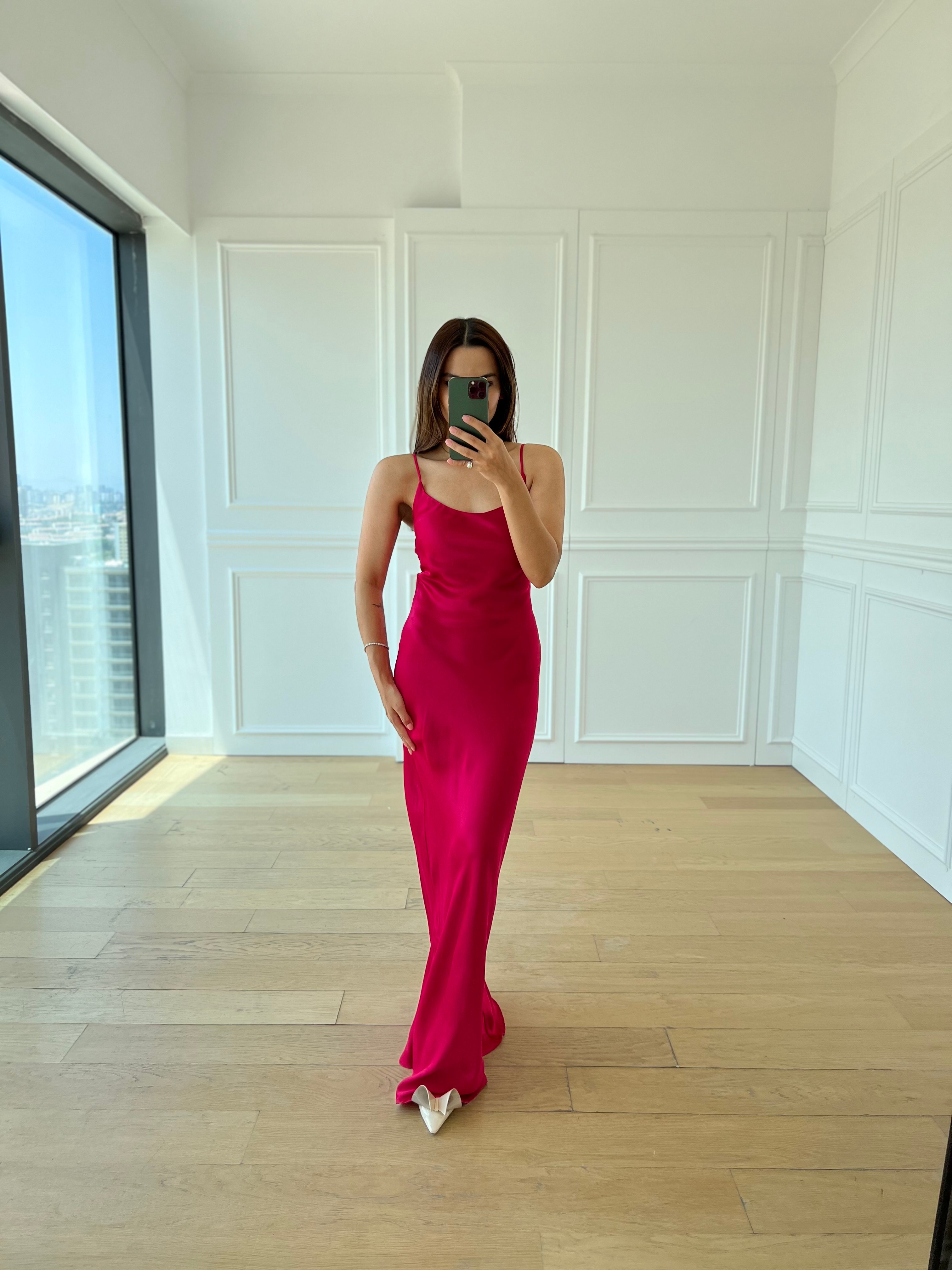 Flower Pembe İp Askılı Saten Elbise