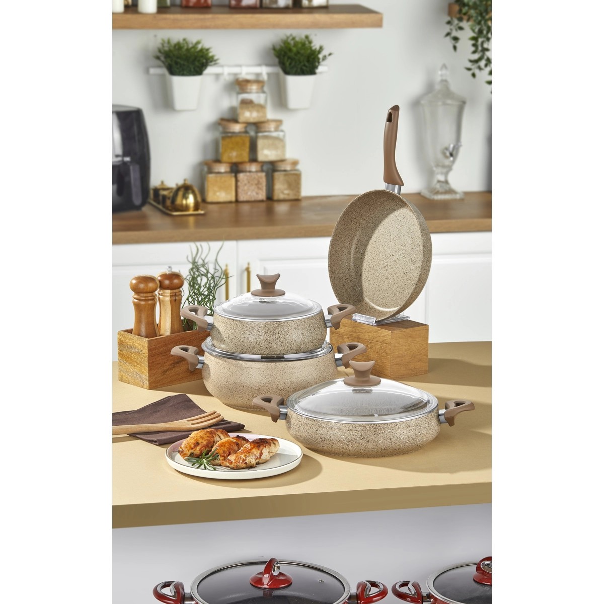 MasterCook Tombik 7 Parça Granit Tencere Seti (OUTLET) - Cappicuno