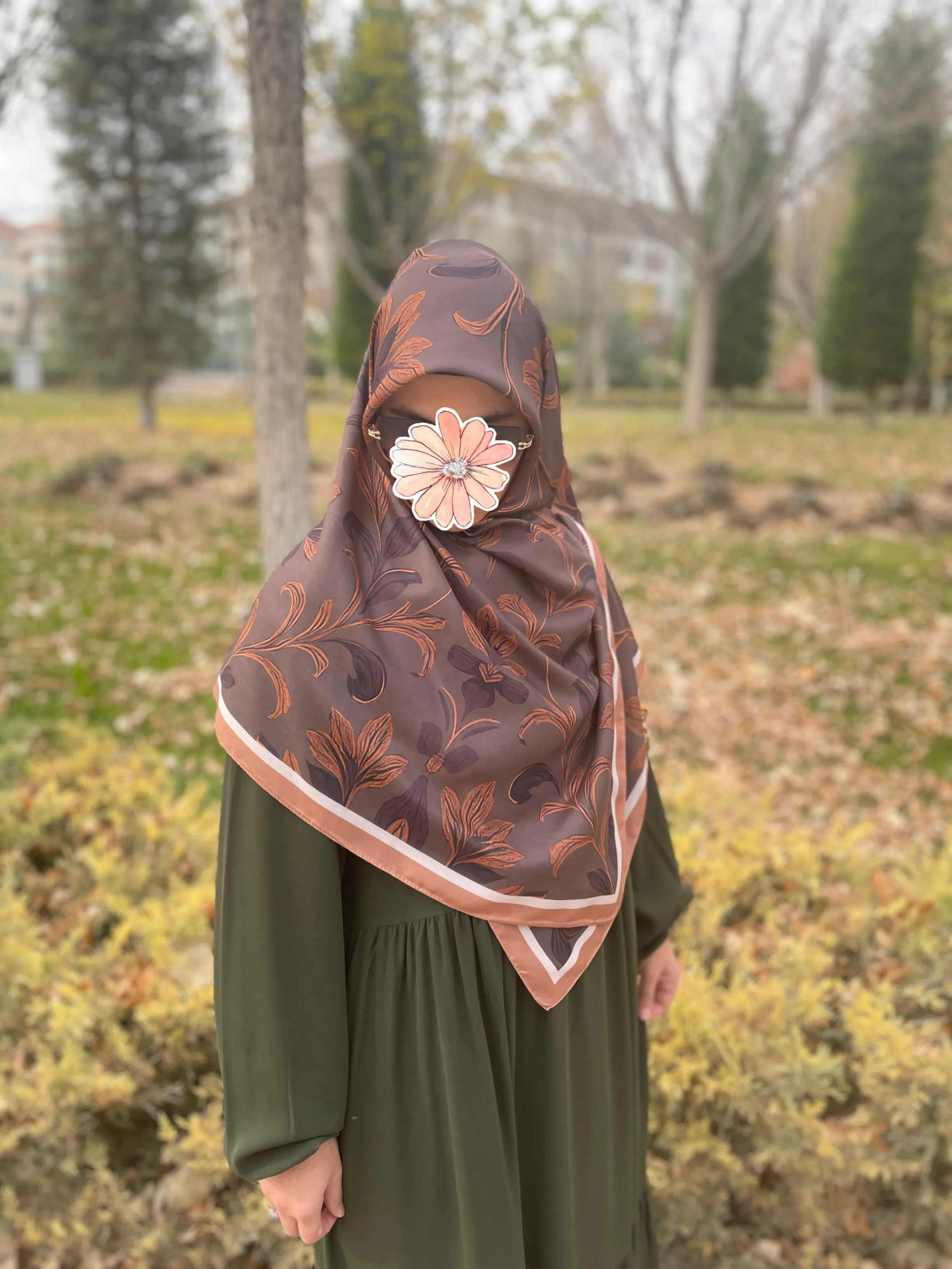 Pamuklu Yaprak Desen Eşarp-acı kahve