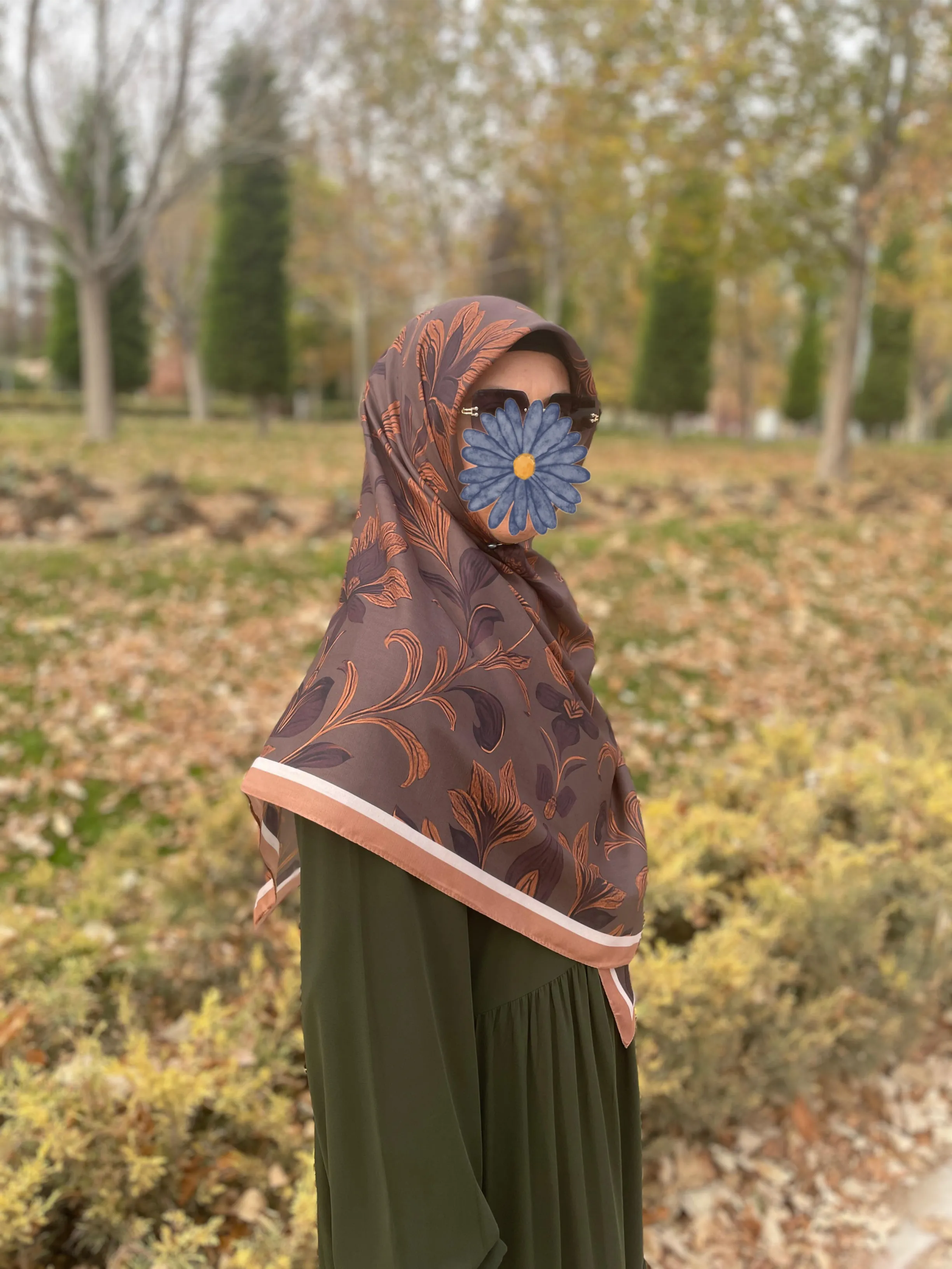 Pamuklu Yaprak Desen Eşarp-acı kahve