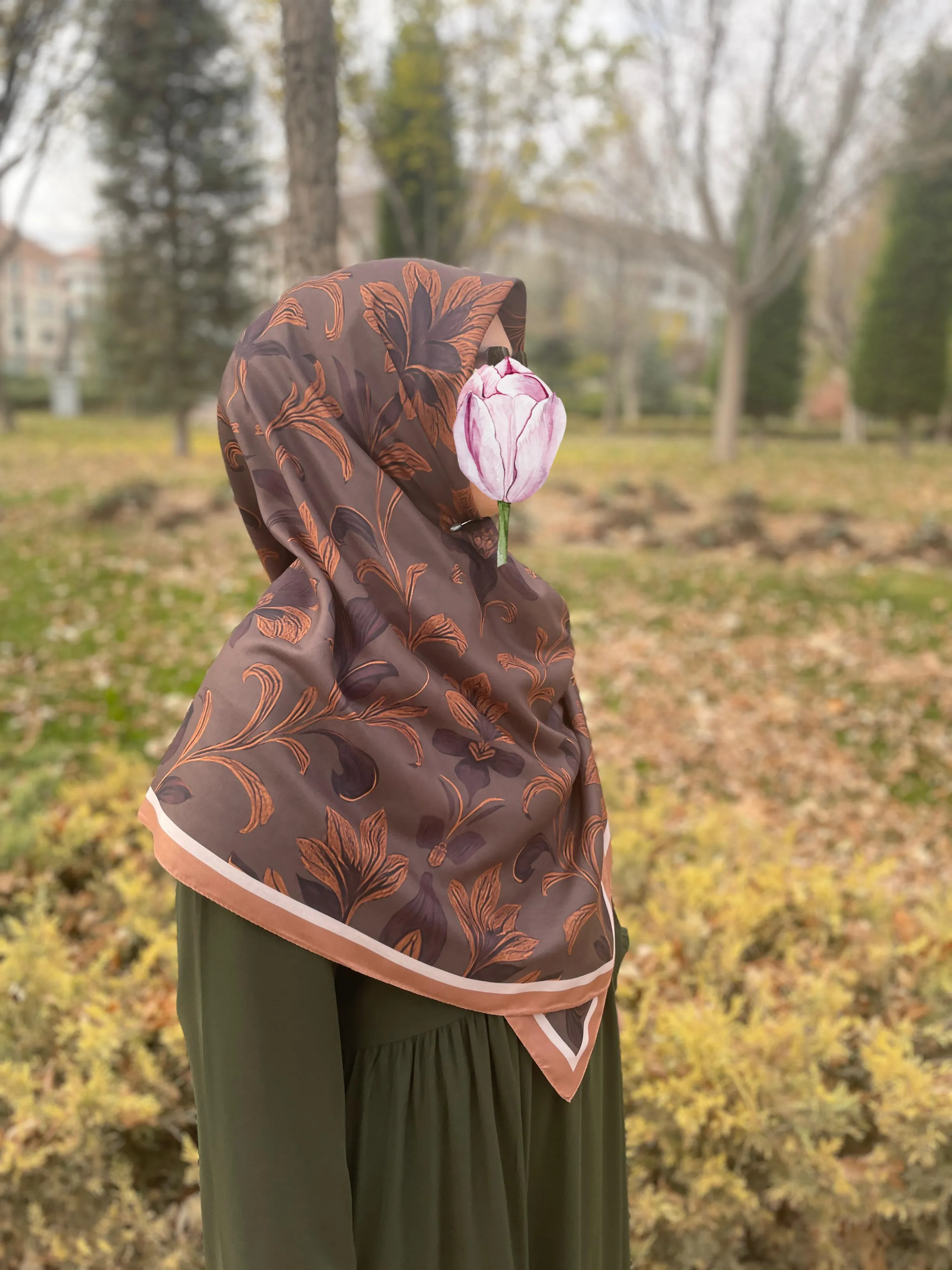 Pamuklu Yaprak Desen Eşarp-acı kahve