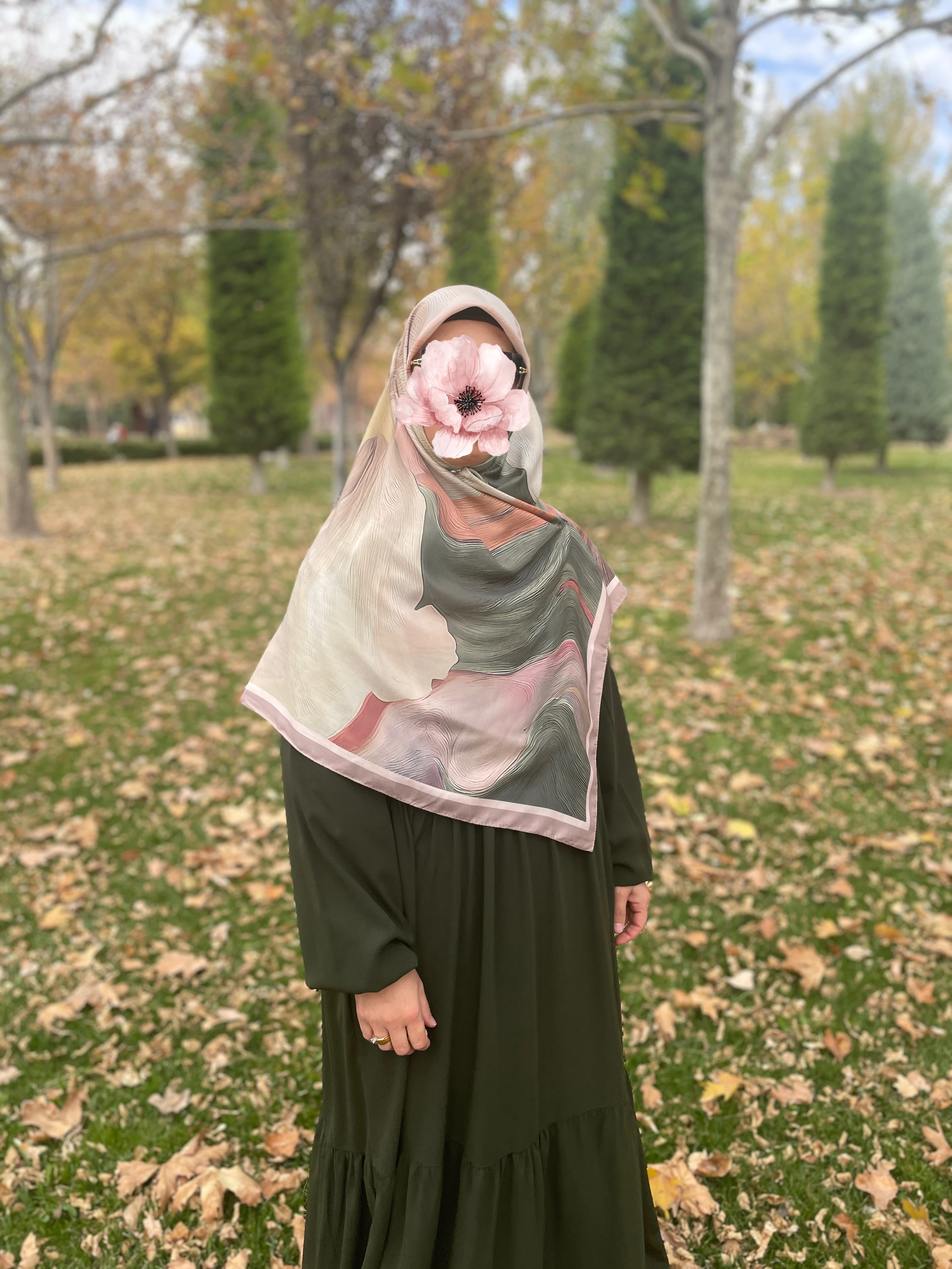 Büyük Boy Pamuklu Amber Desen Eşarp-Haki