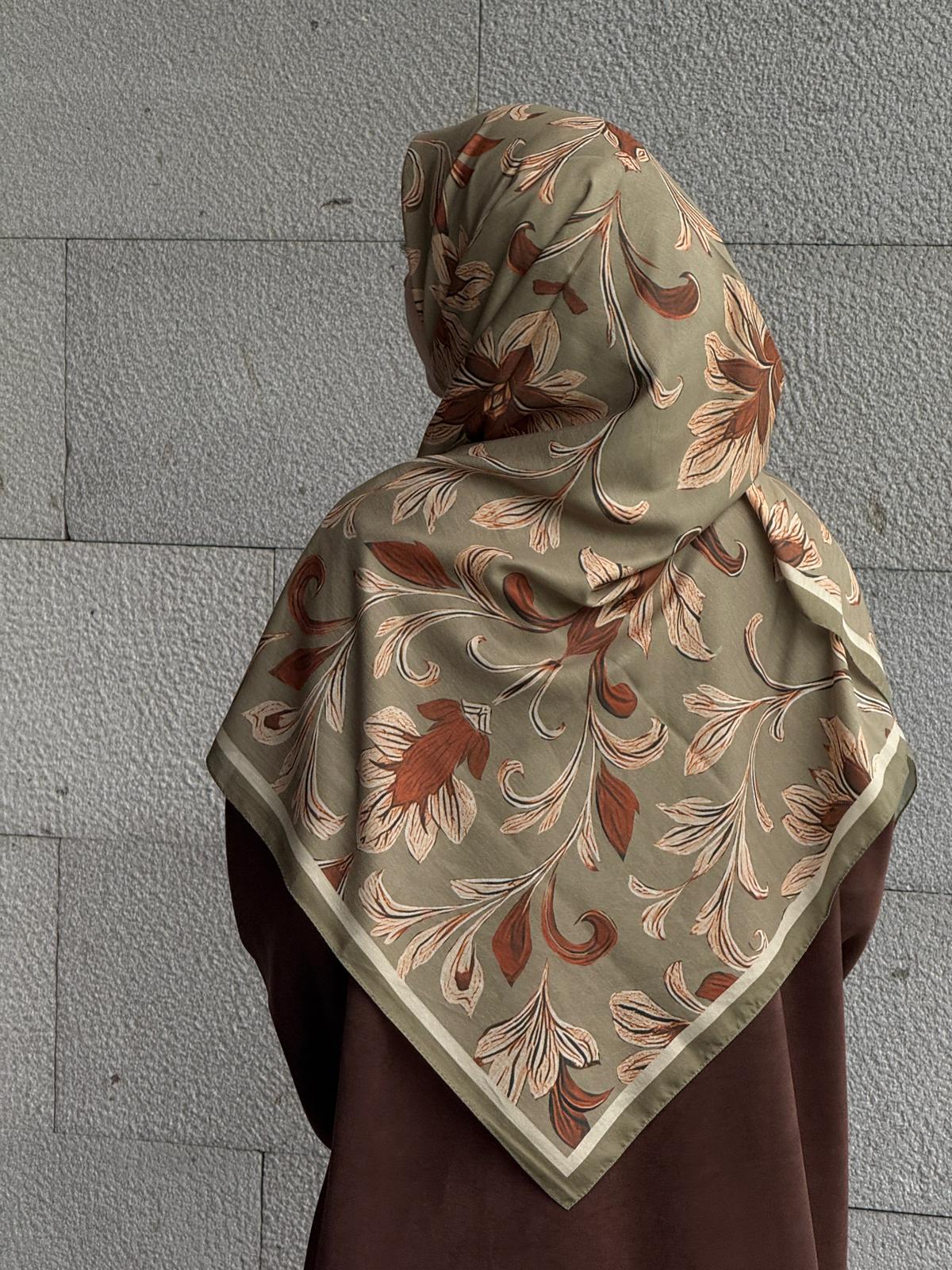 Büyük Boy Pamuklu Yaprak Desen Eşarp-haki