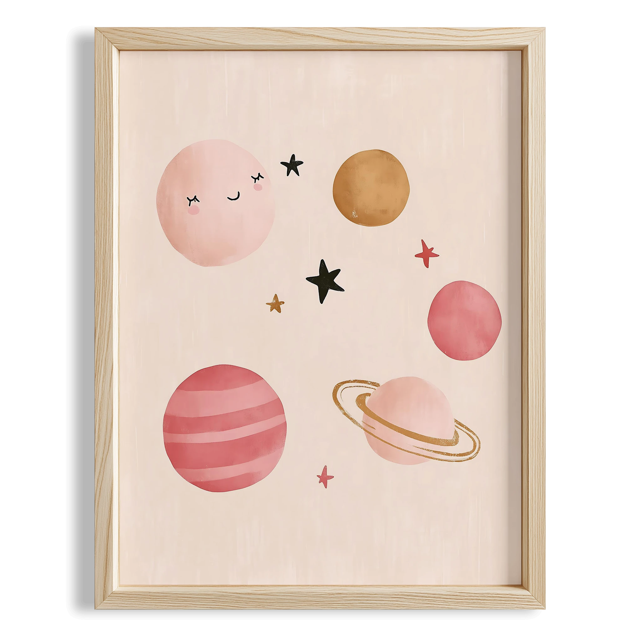 Pembe Gülen Gezegen Uzay Temalı Kız Çocuk Odası Ahşap Tablo