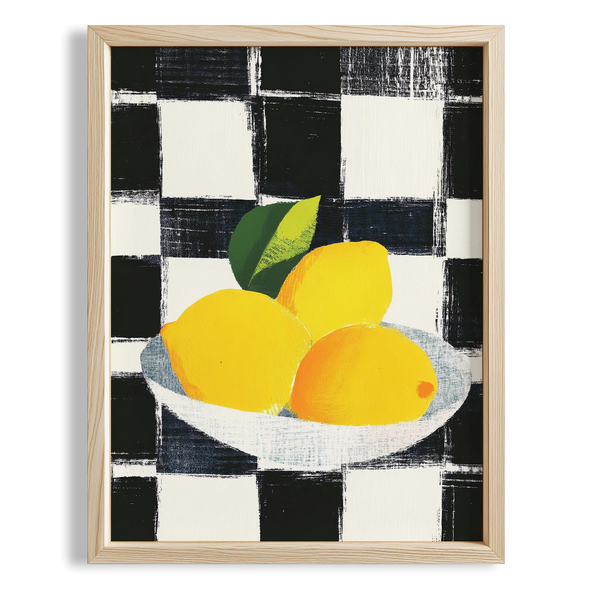 Siyah Beyaz Desen Üzerinde Limonlar Mutfak Duvar Tablosu