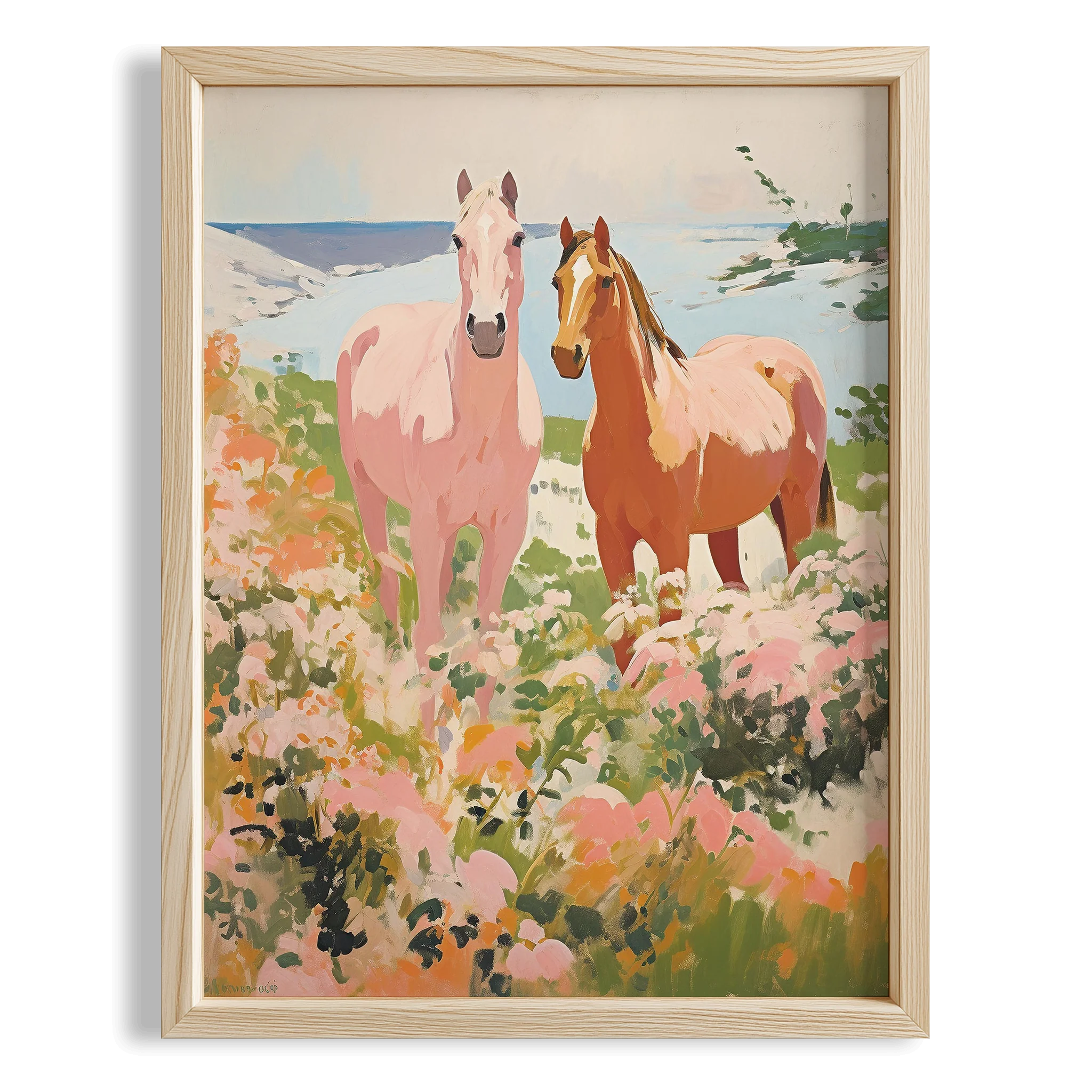Pembe Çiçekli Kırda Atlar - Maximalist Duvar Tablosu