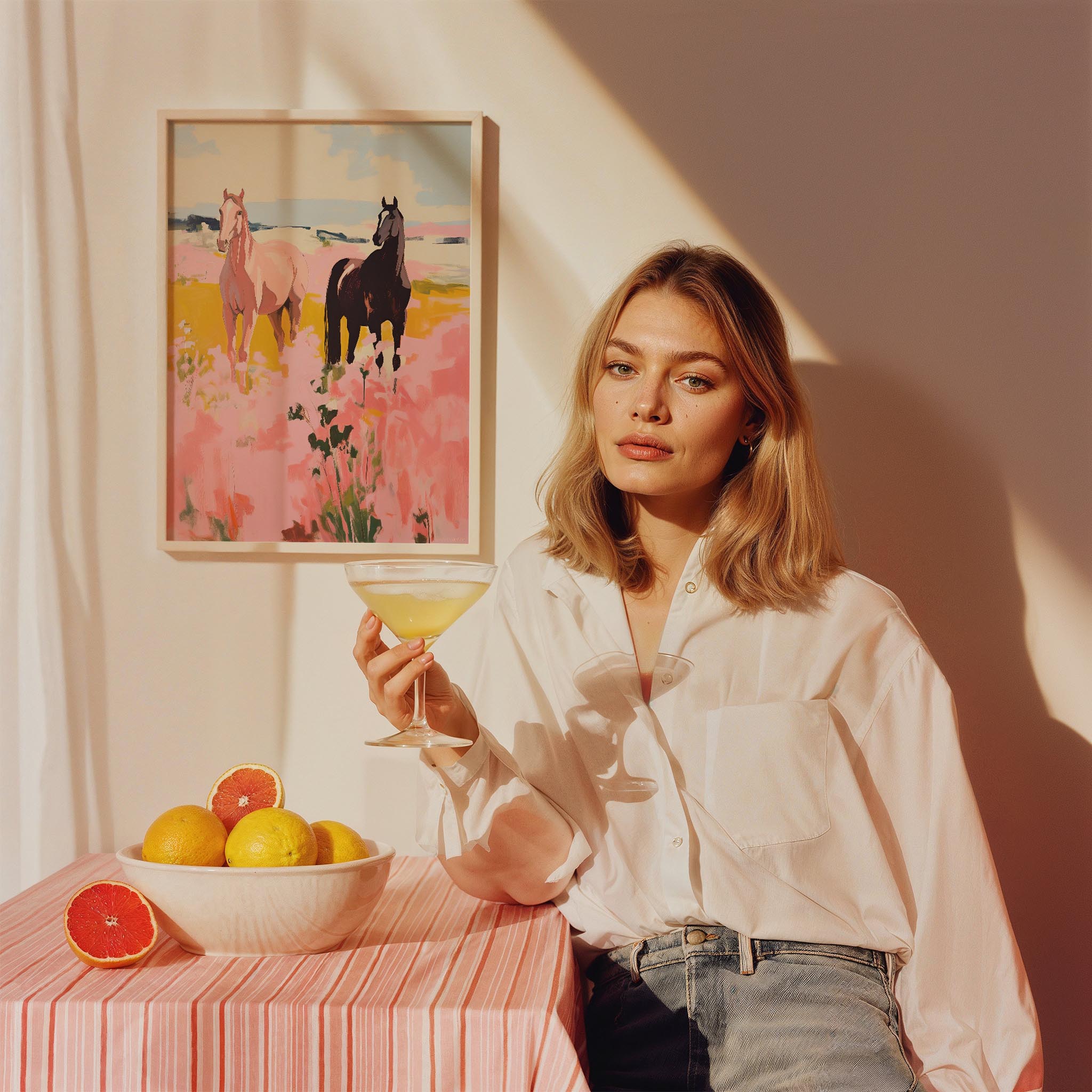 Pembe Çiçekli Kırda Atlar - Maximalist Duvar Tablosu II