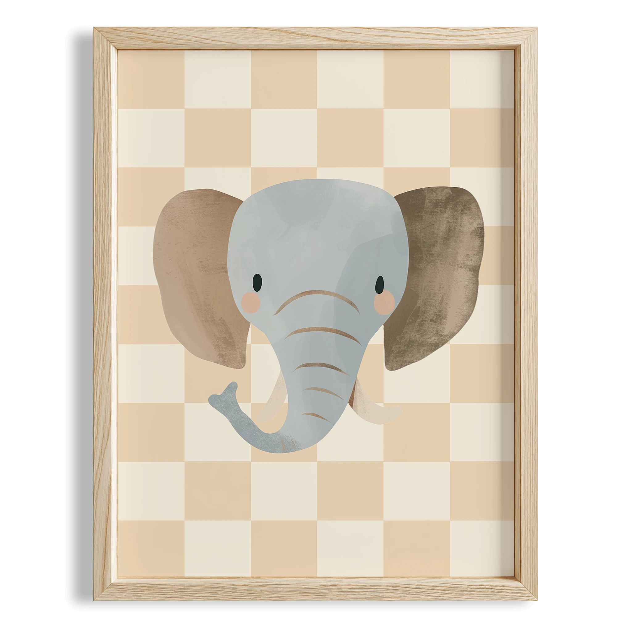 Fil Sevimli Safari Hayvanları Krem Kareli Fonlu Çocuk Odası Ahşap Tablo