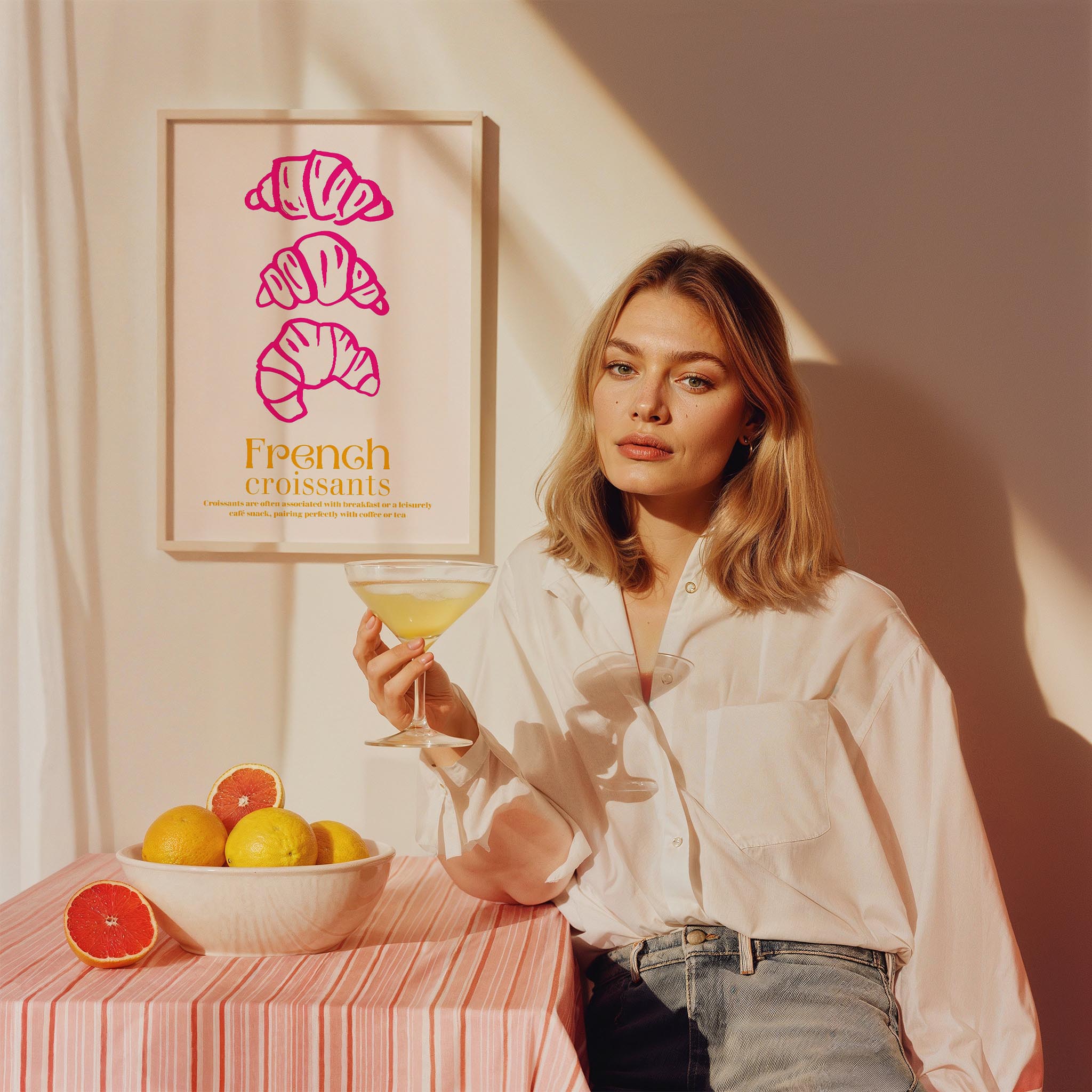 French Croissants Pembe Fransız Kahvaltı Kültürü Mutfak Duvar Tablosu