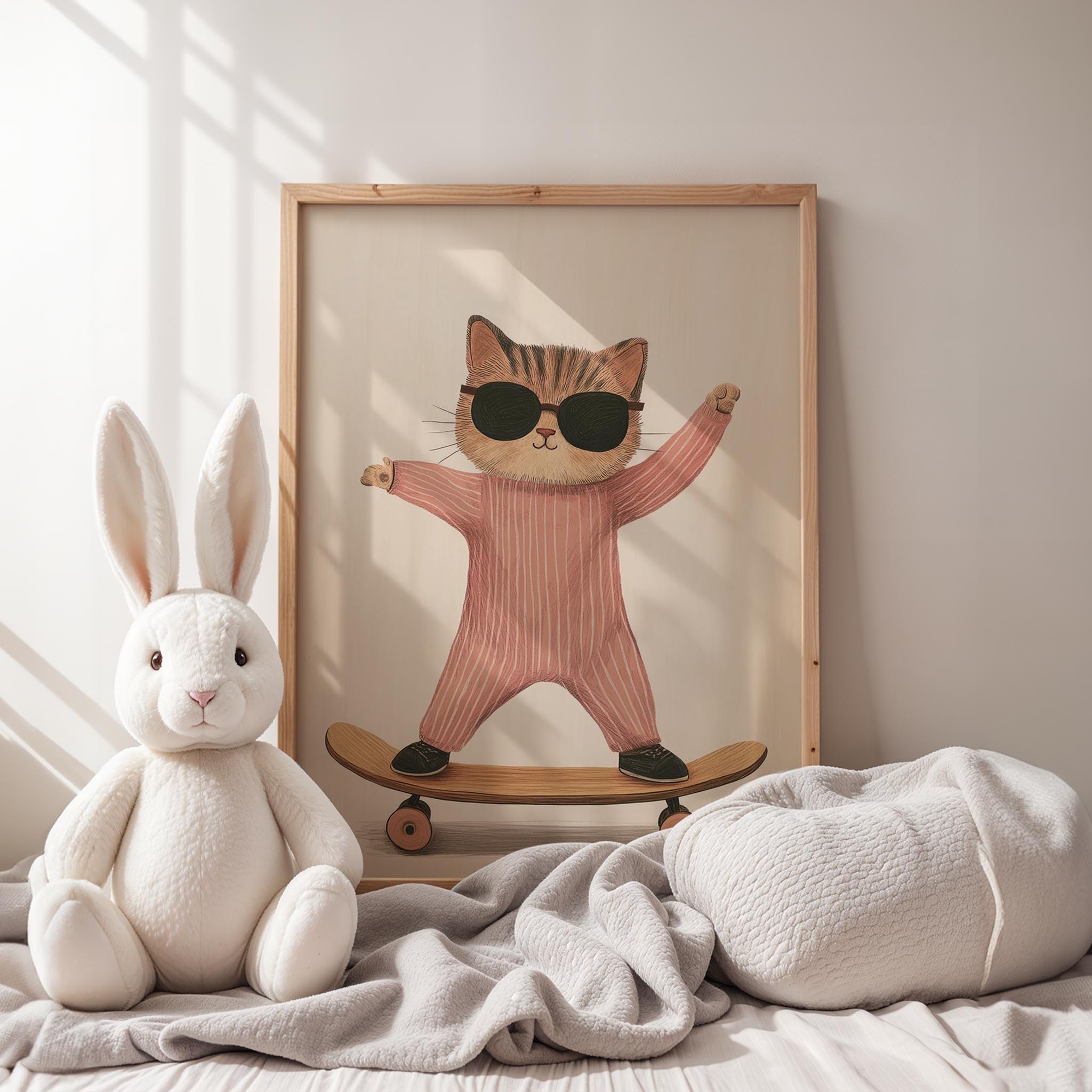 Pijamalı Kaykaycı Kedi - Beyaz Fon