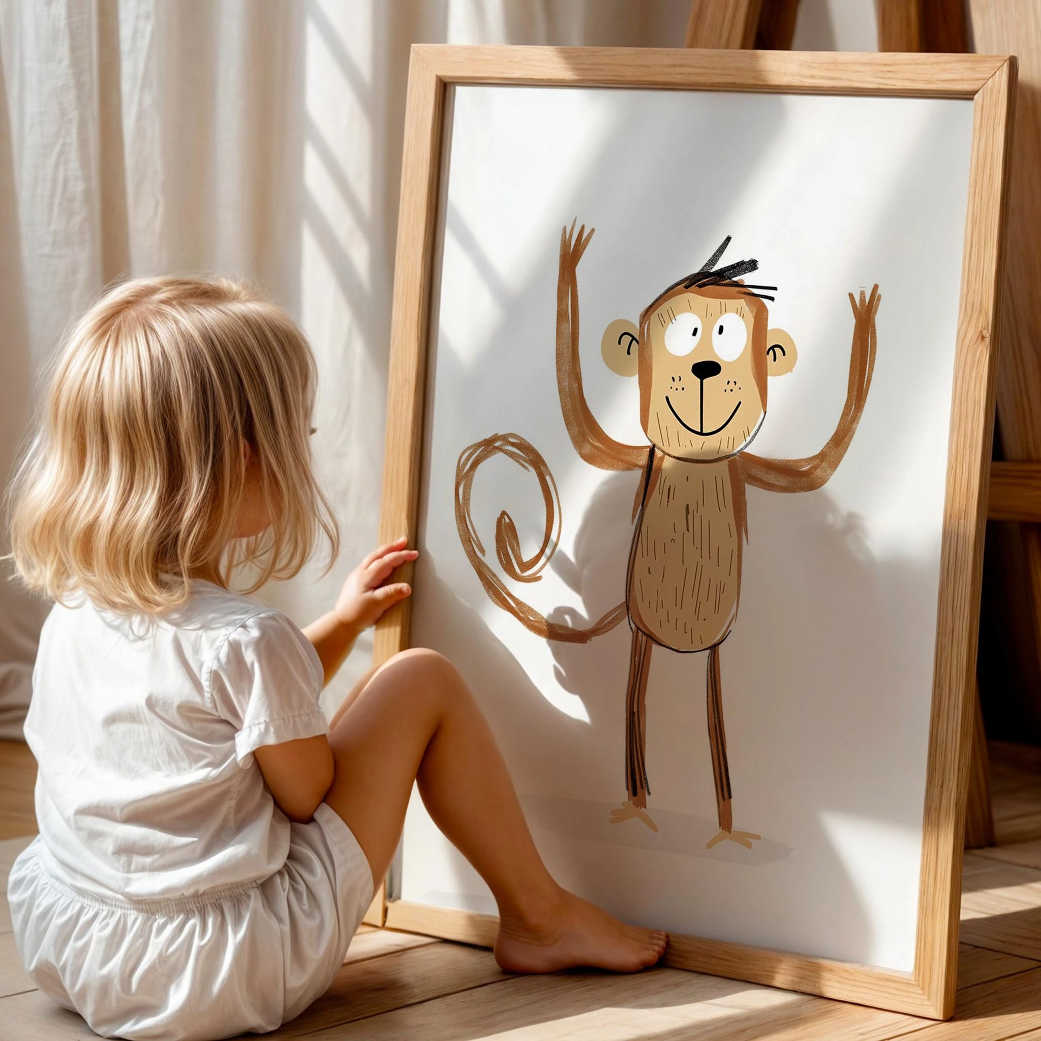 Eğlenen Maymun - Eklektik Tarzda Çocuk Odası Dekorasyonu Ahşap Çerçeveli Duvar Tablosu
