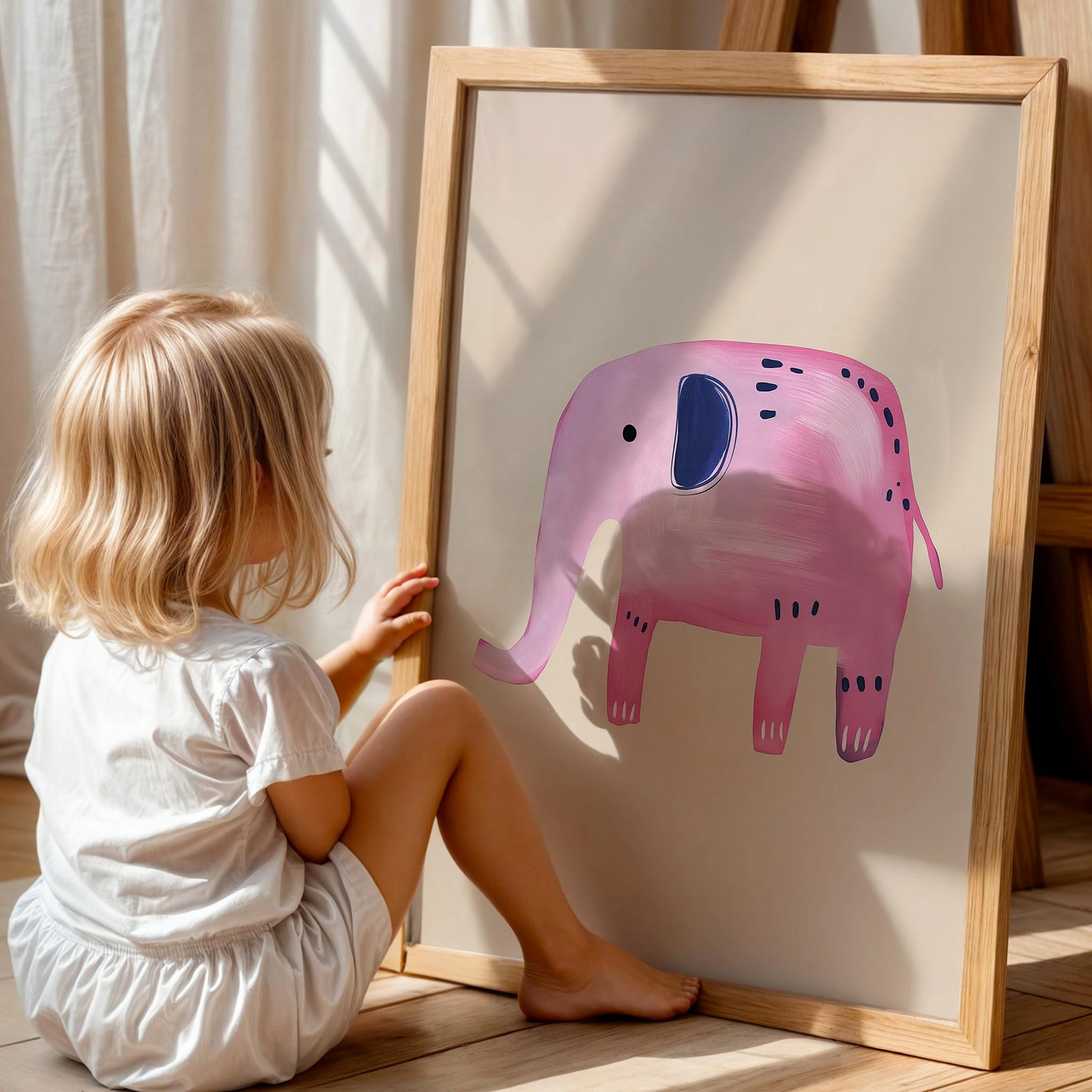 Pembe Fil - Eklektik Tarzda Kız Çocuk Odası Dekorasyonu Ahşap Çerçeveli Duvar Tablosu