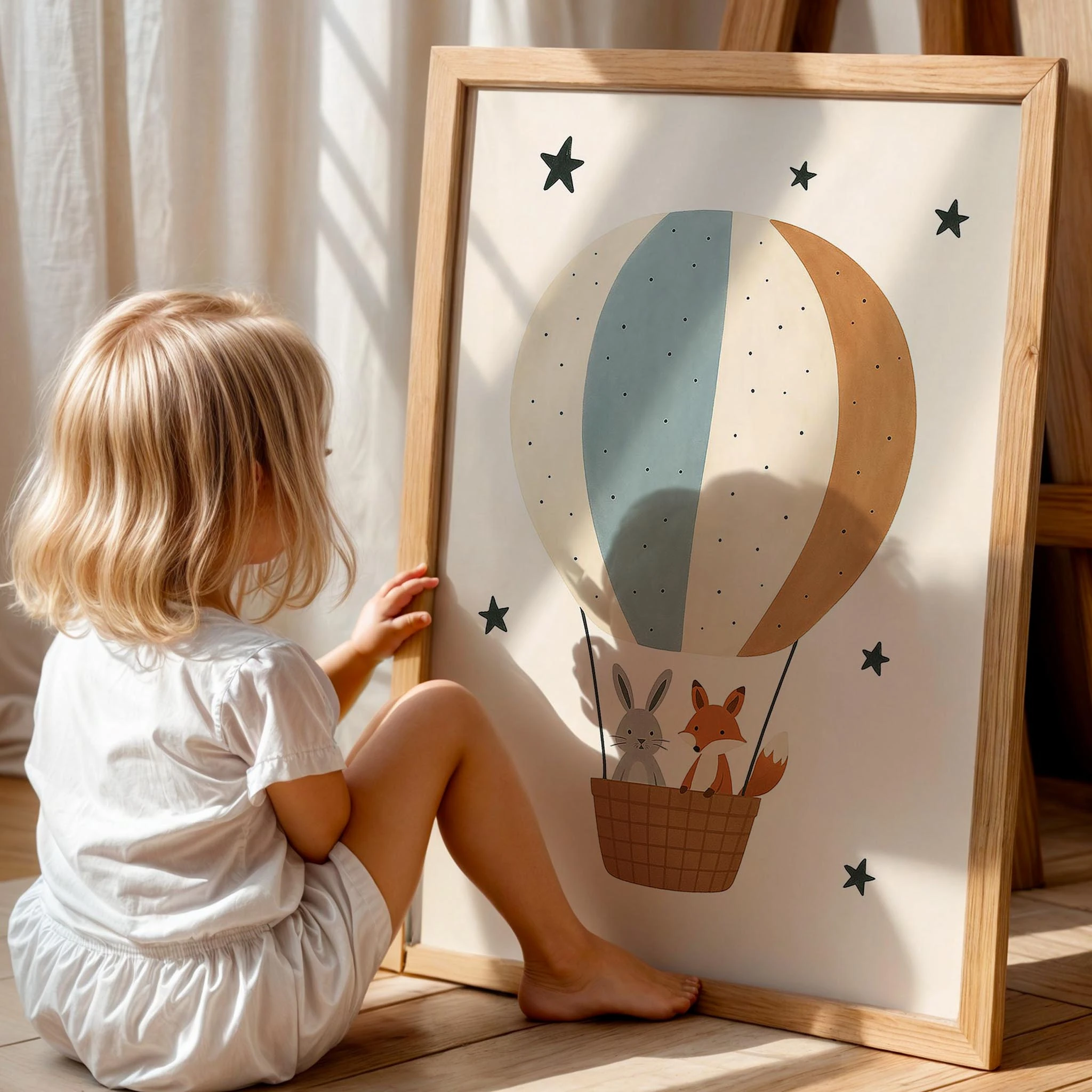 Tilki ve Tavşan Balonda Minimalist Çocuk Odası Ahşap Tablo