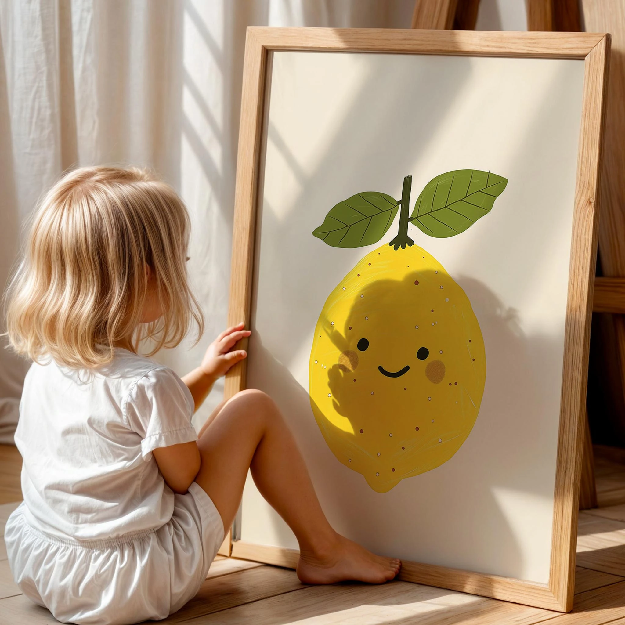 Gülen Limon - Eklektik Tarzda Çocuk Odası Dekorasyonu Ahşap Çerçeveli Duvar Tablosu