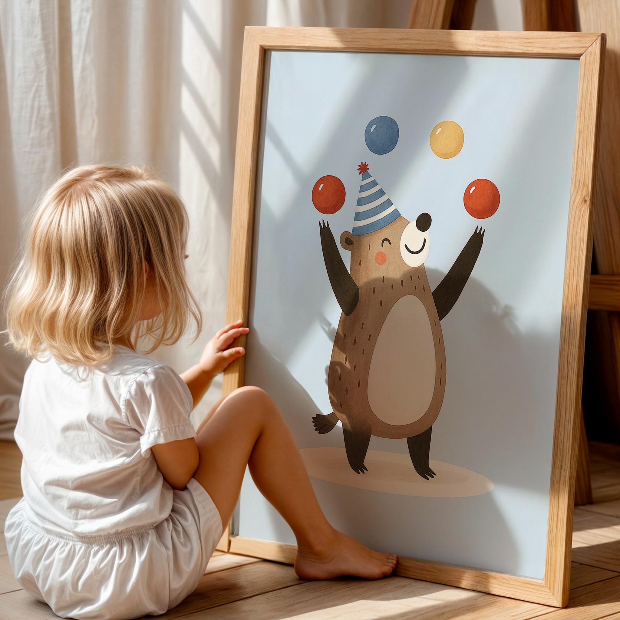 Sevimli Jonglör Ayıcık Mavi Fonlu Çocuk Odası Ahşap Tablo II