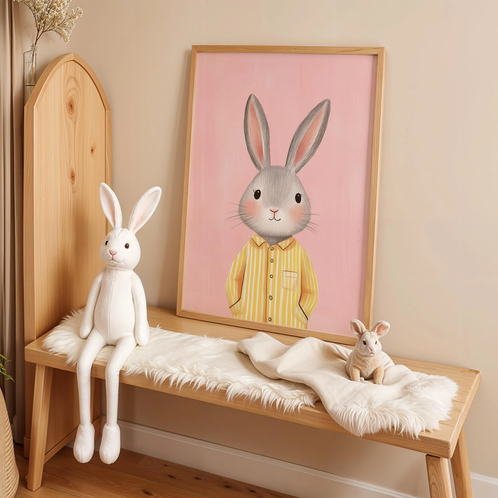 Pijamalı Uykucu Tavşan - Pembe Fon