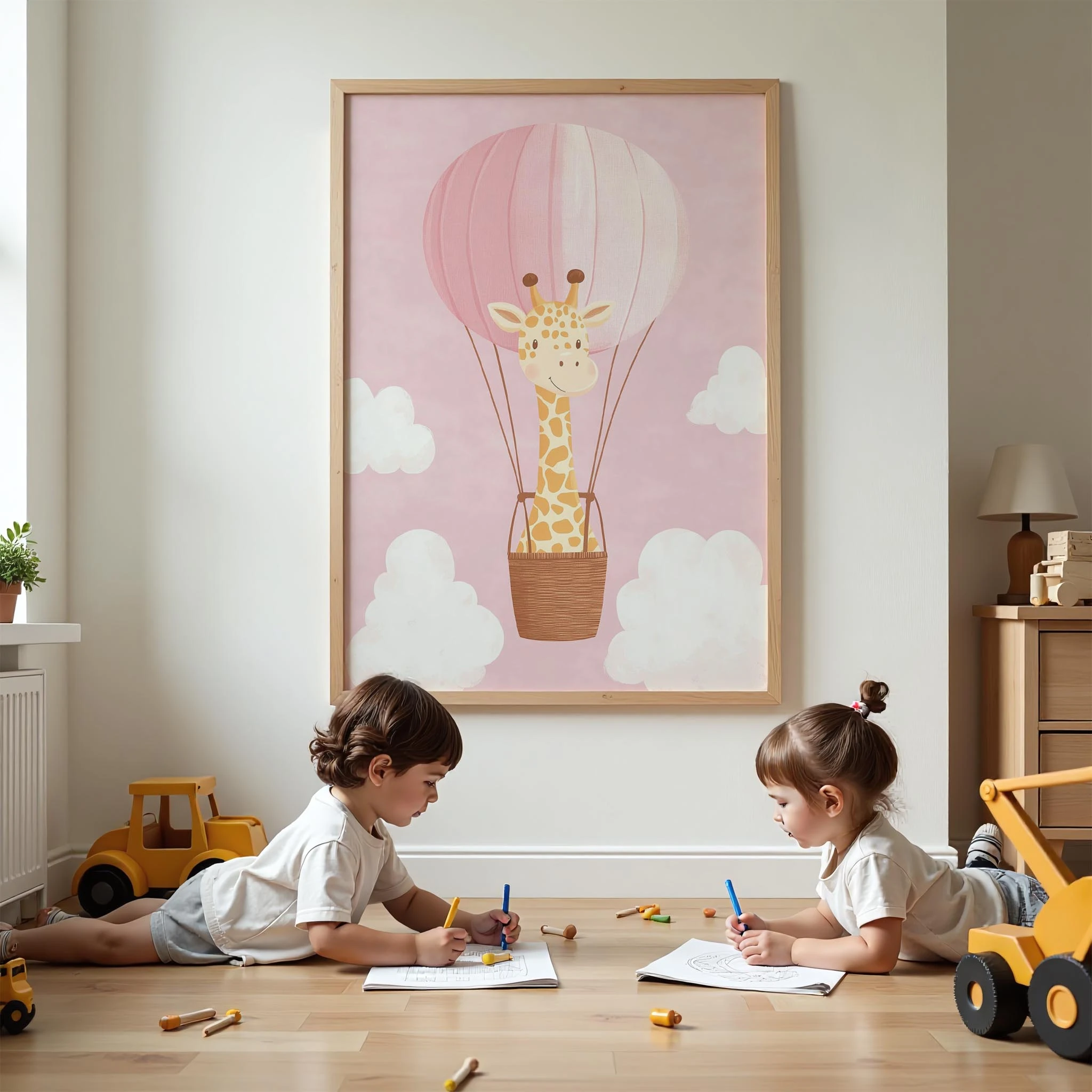 Uçan Balon ve Zürafa - Pembe Fon