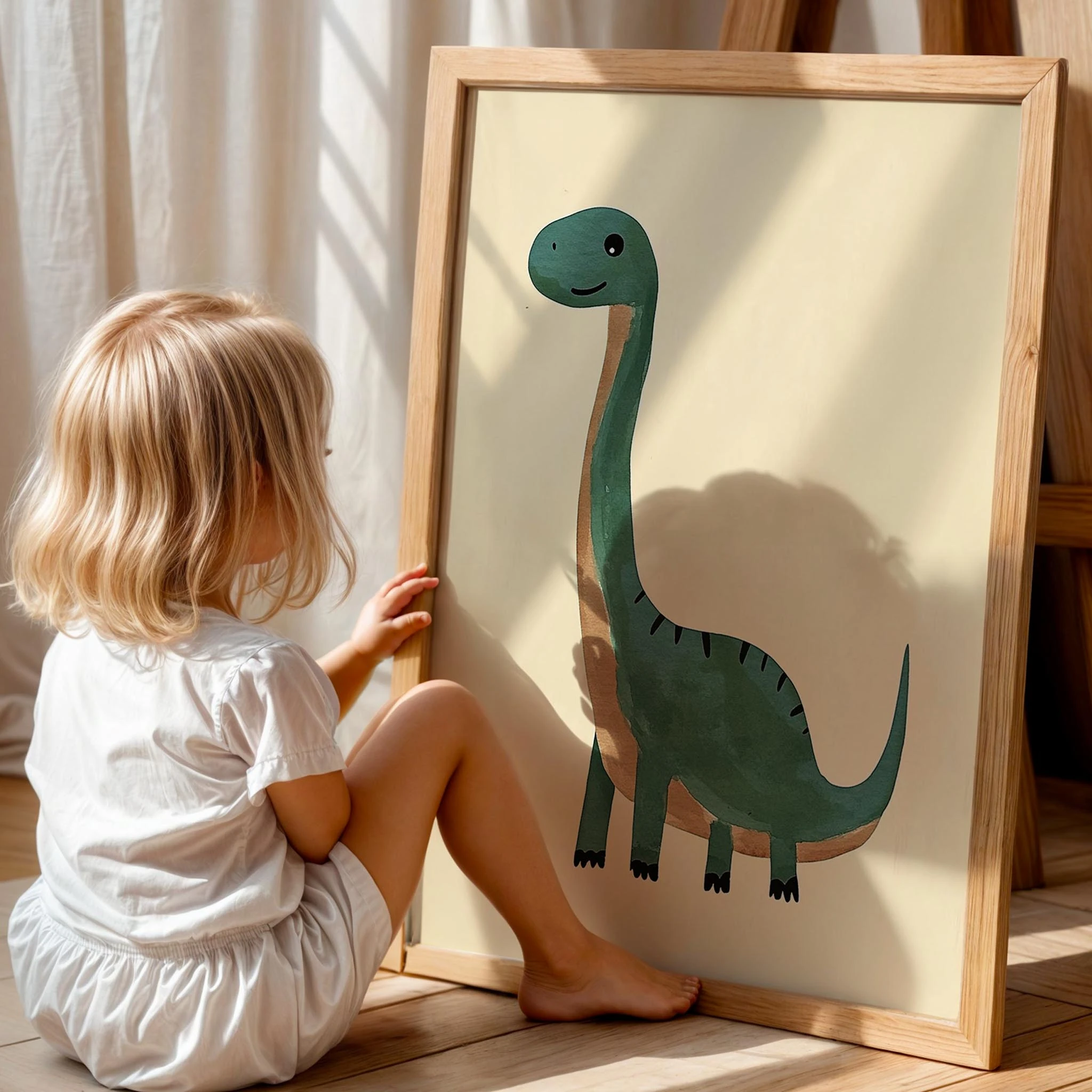 Sevimli Yeşil Dinozor Temalı Krem Fonlu Çocuk Odası Ahşap Tablo