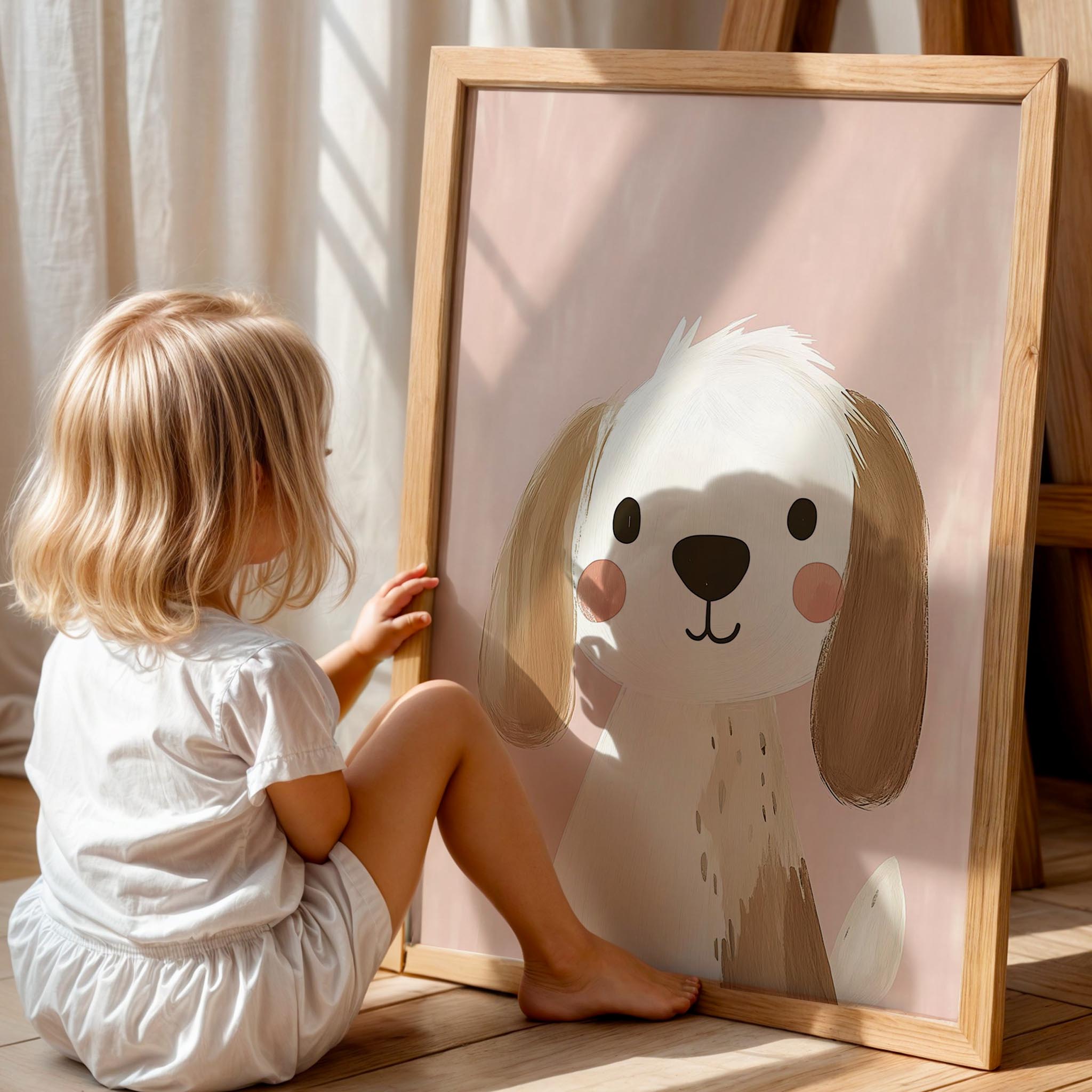 Sevimli Yavru Köpek Pembe Fonlu Kız Çocuk Odası Ahşap Tablo II