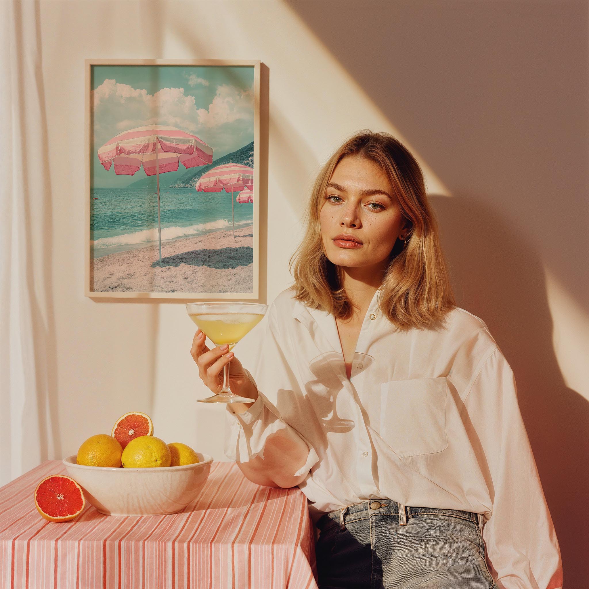 Sahilde Pembe Şemsiye Maximalist - Duvar Tablosu