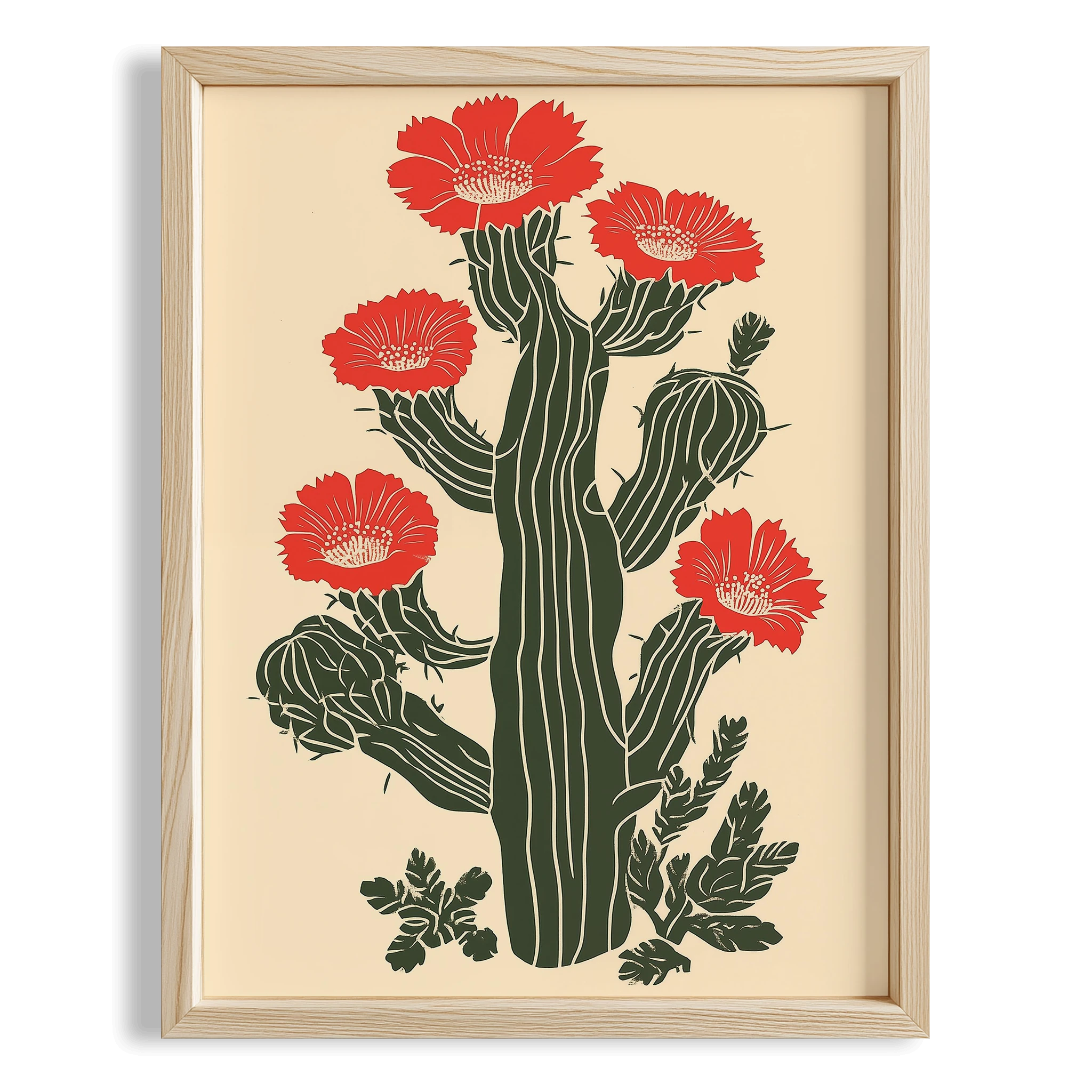 Kırmızı Çiçekli Kaktüs Retro Tarz - Duvar Tablosu