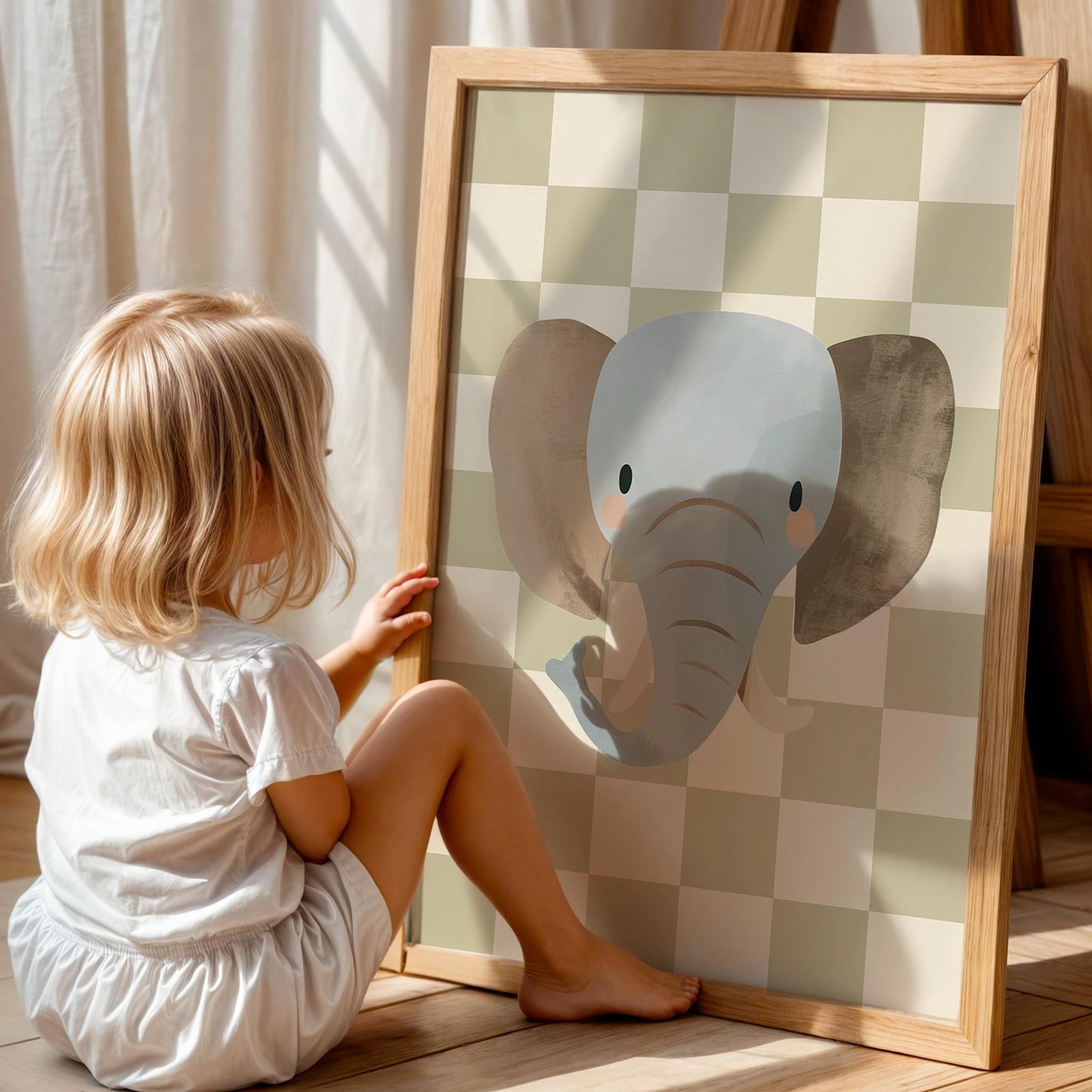 Fil Sevimli Safari Hayvanları Yeşil Kareli Fonlu Çocuk Odası Ahşap Tablo