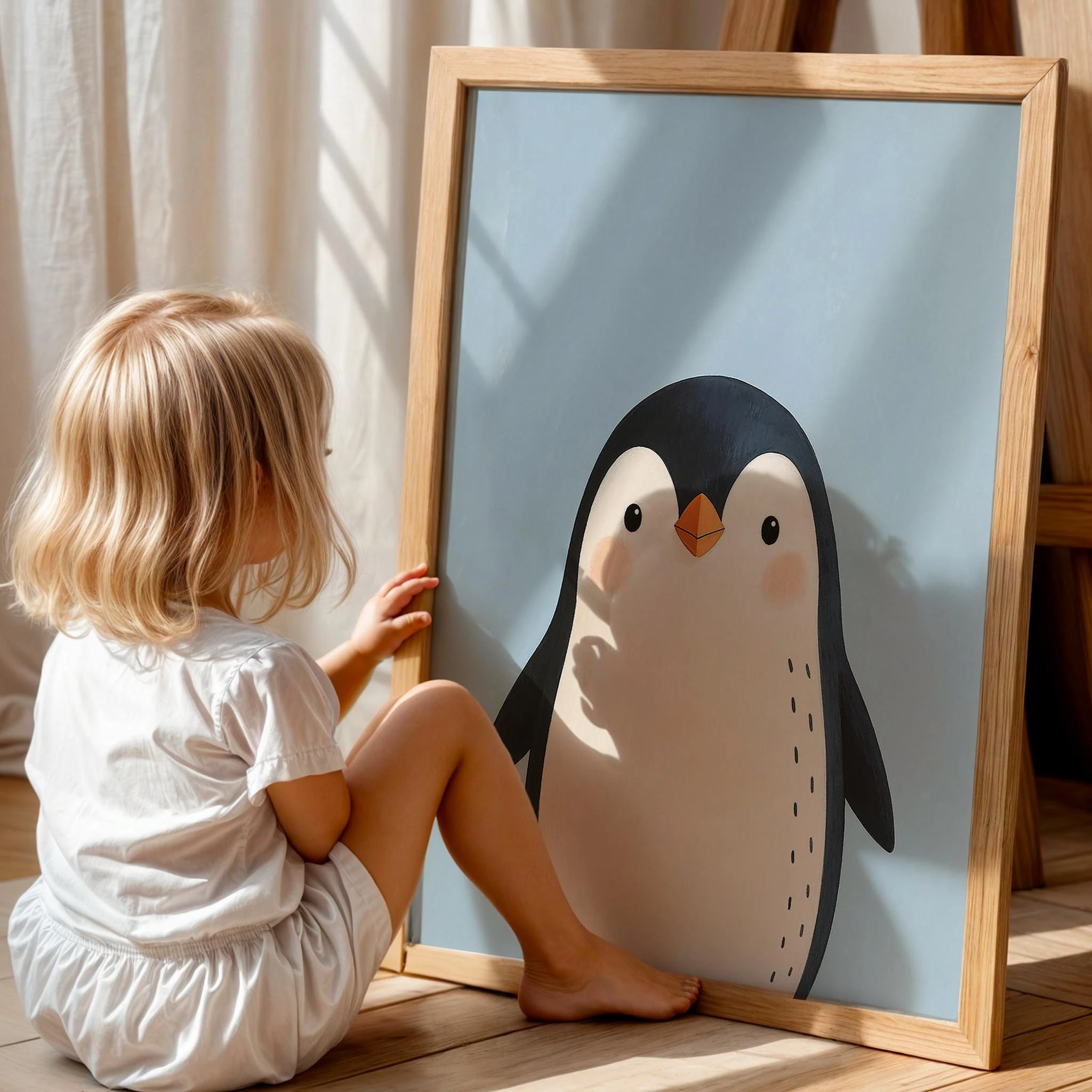 Sevimli Penguen Mavi Hayvan Temalı Çocuk Odası Ahşap Tablo