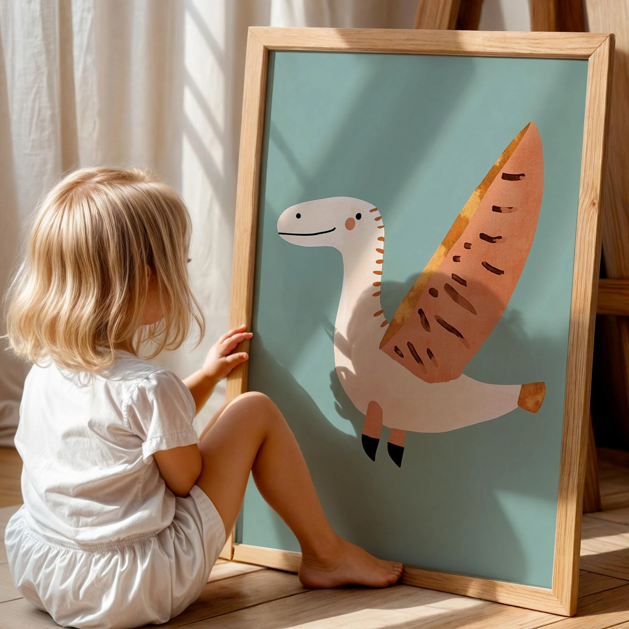 Uçan Dinozor Temalı Mavi Fonlu Çocuk Odası Ahşap Tablo