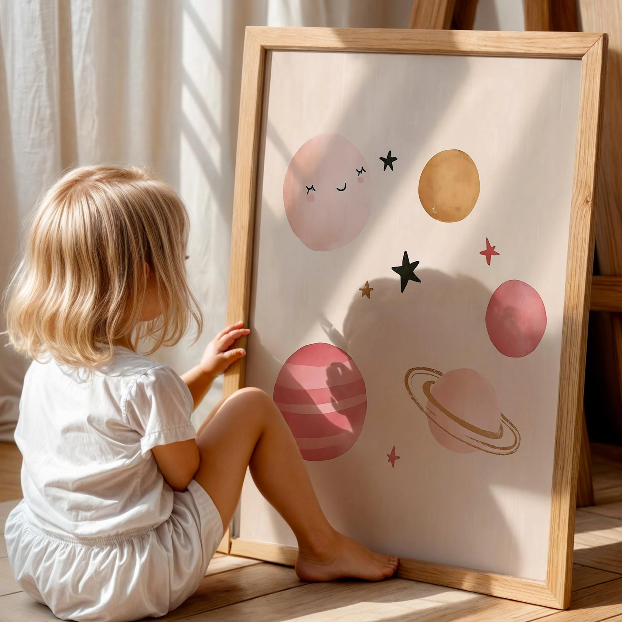 Pembe Gülen Gezegen Uzay Temalı Kız Çocuk Odası Ahşap Tablo