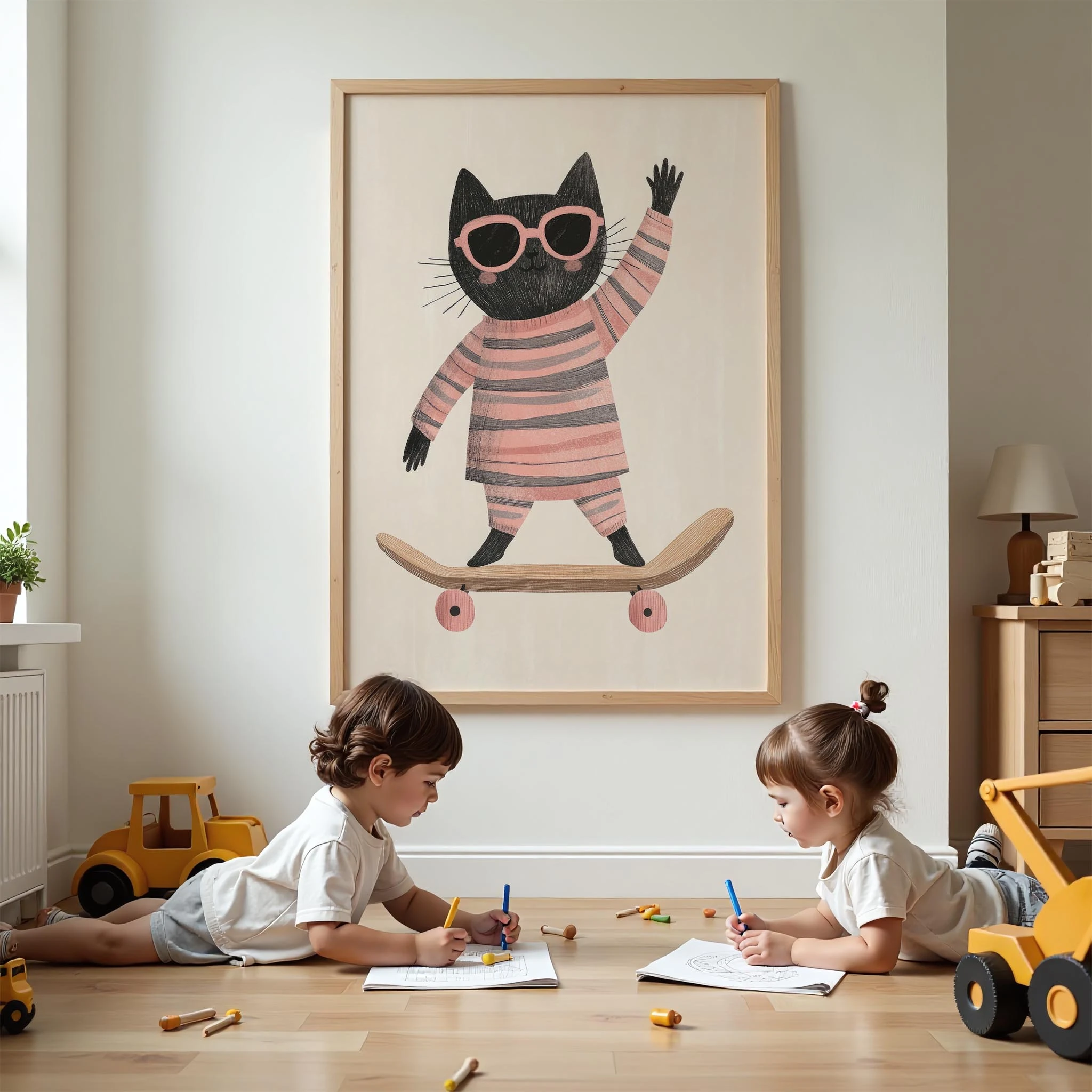 Pijamalı Kaykaycı Kara Kedi - Beyaz Fon