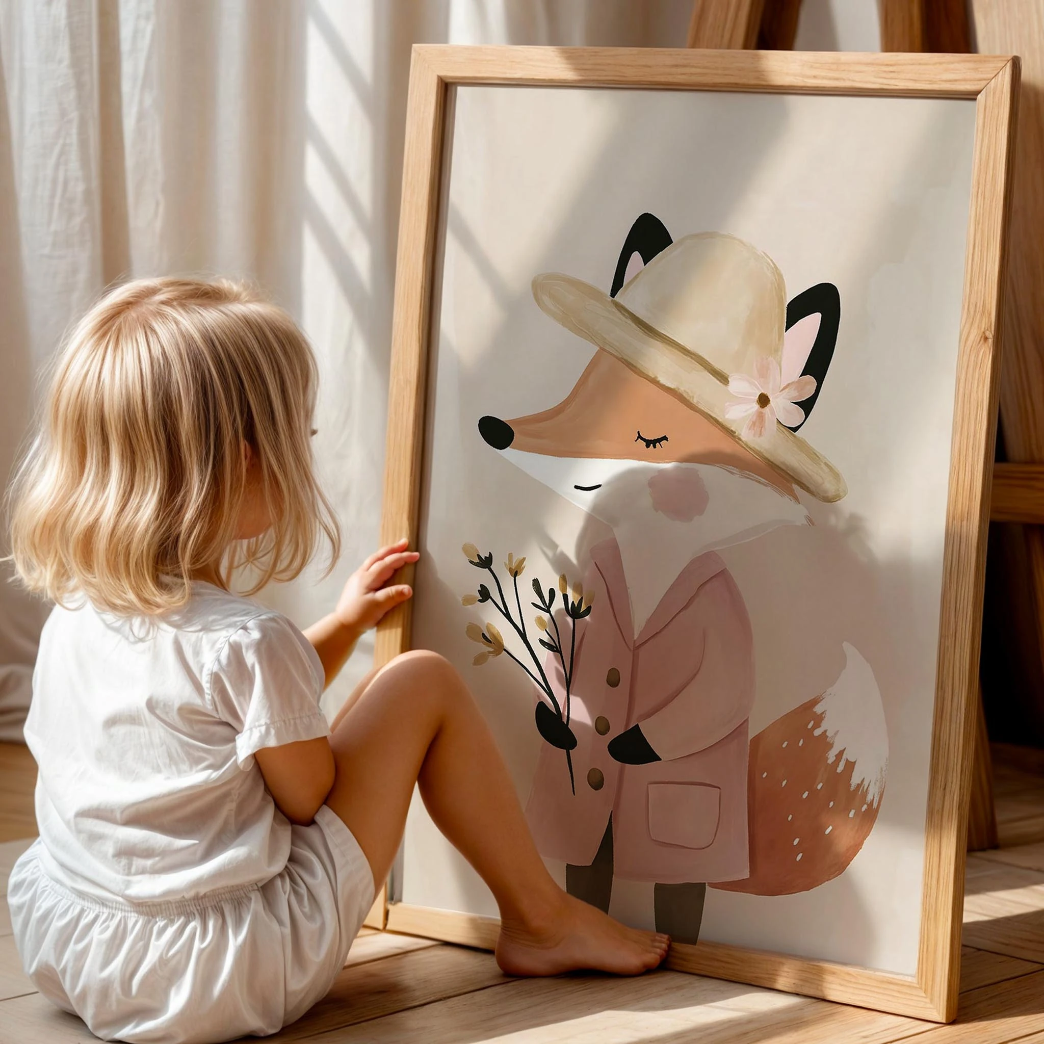 Bohem Şapkalı Pembe Elbiseli Tilki Kız Çocuk Odası Ahşap Tablo