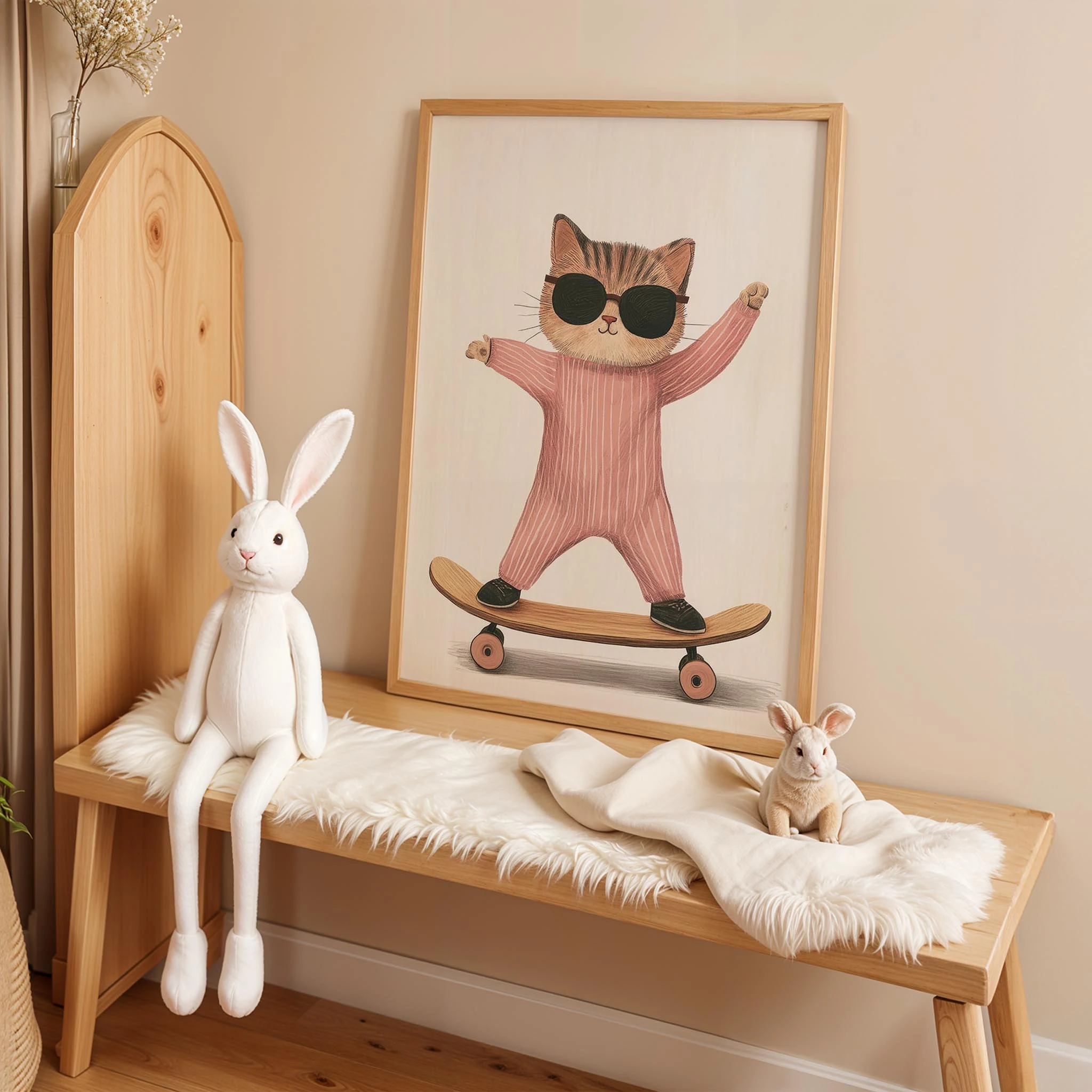 Pijamalı Kaykaycı Kedi - Beyaz Fon