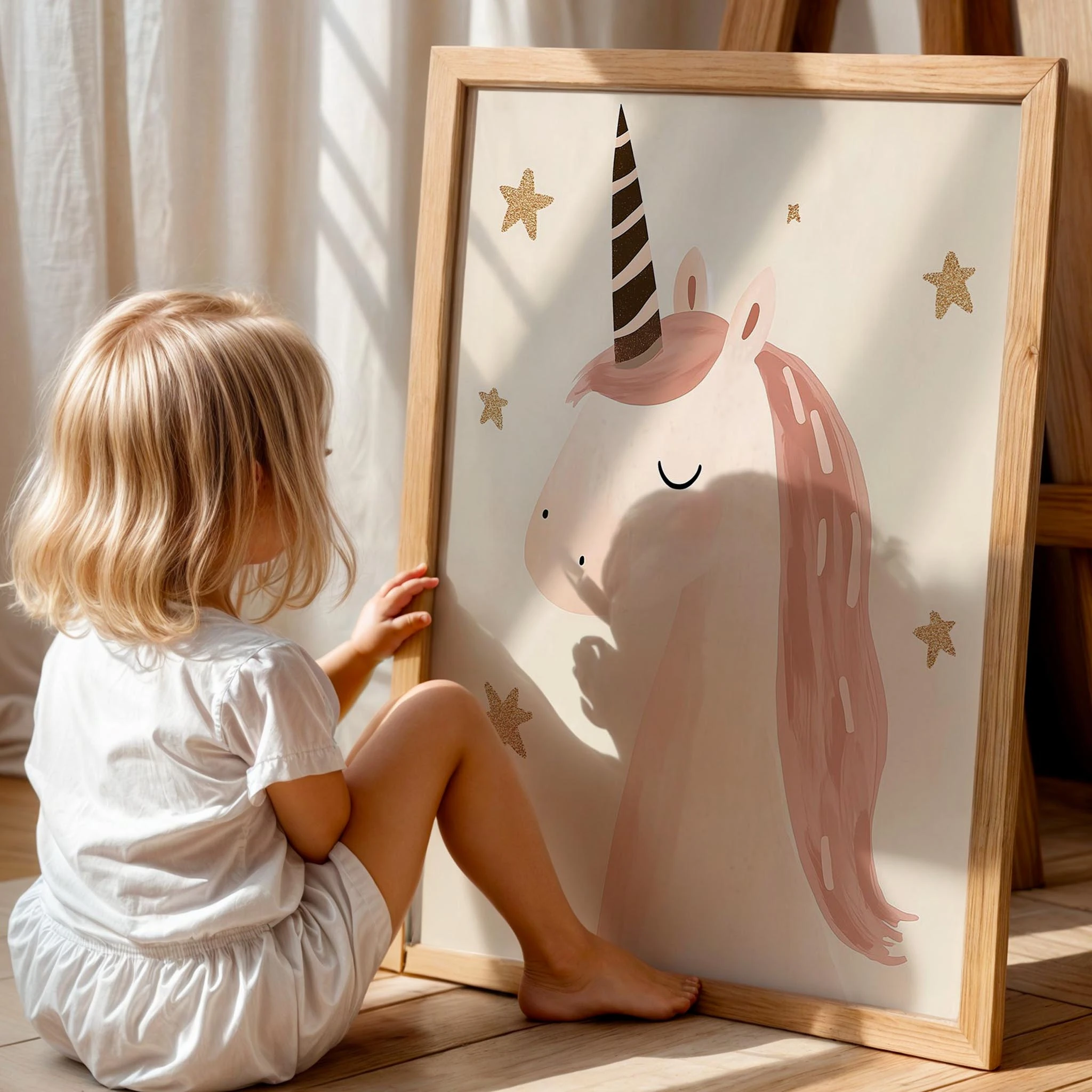 Masalsı Pembe Unicorn Bohem Kız Çocuk Odası Ahşap Tablo