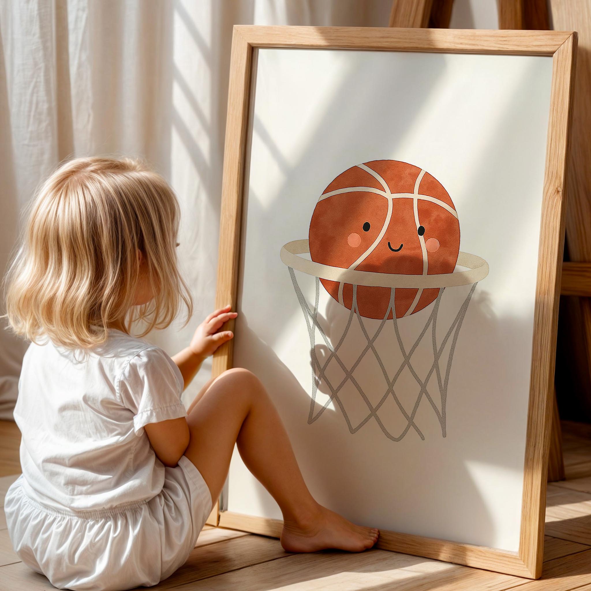 Sevimli Basketbol Topu ve Fileler Erkek Çocuk Odası Ahşap Tablo