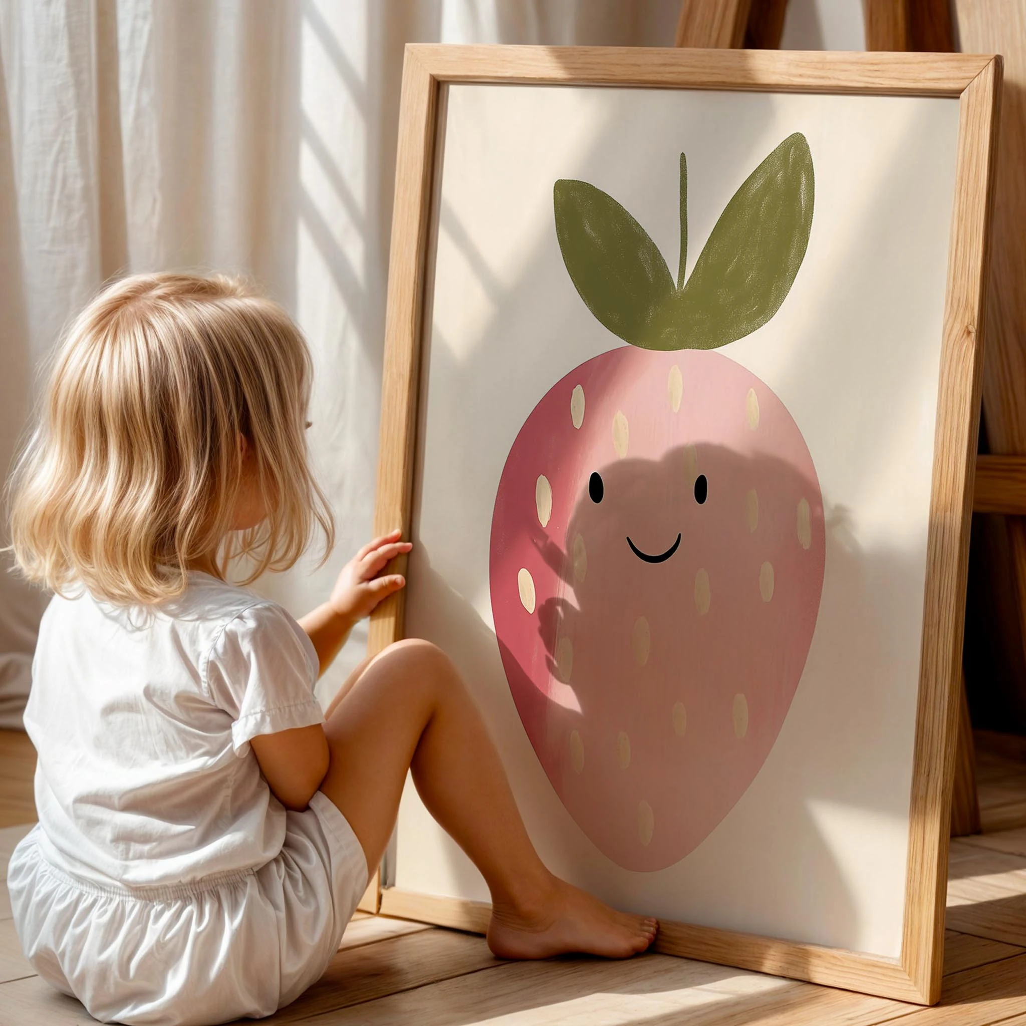 Gülümseyen Çilek Bohem Kız Çocuk Odası Ahşap Tablo